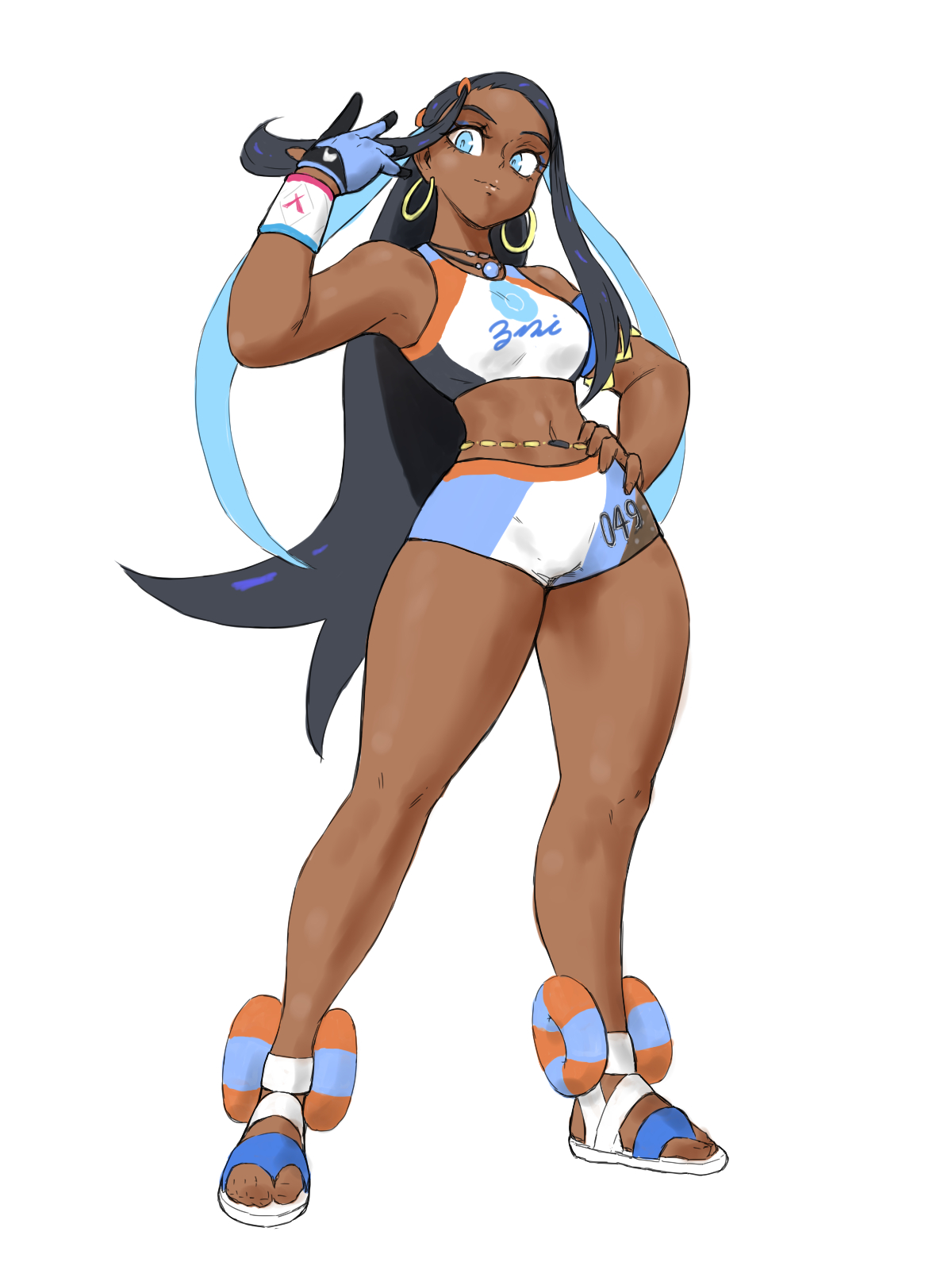 1girls, black hair, blue eyes, dark skin, dark-skinned female, female, female only, game freak, human, nessa (pokemon), nintendo, pokemon, pokemon ss, solo, swimsuit, toshinoshin00, white background