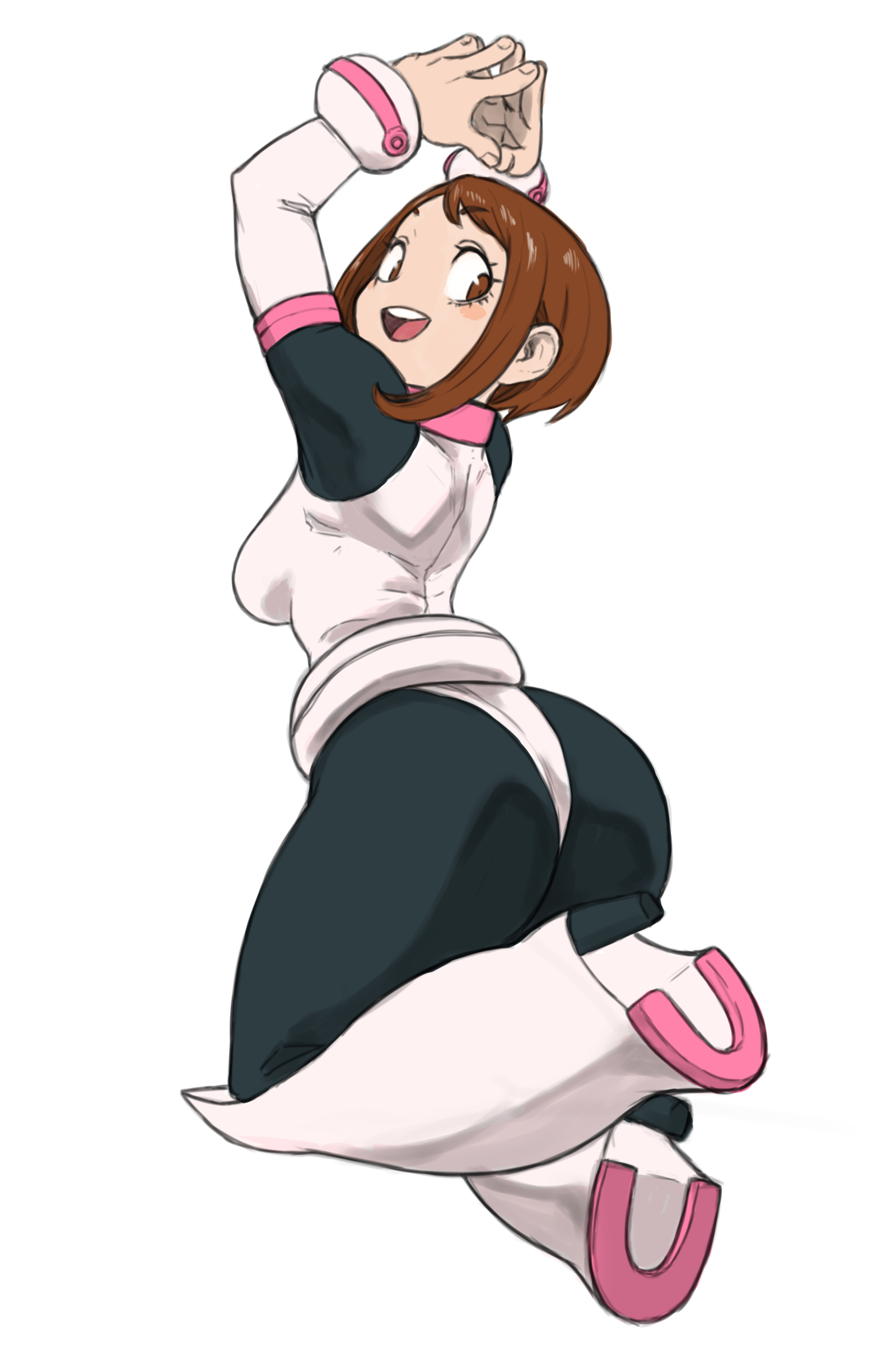 1girls, 2023, arms above head, arms up, ass, back, back view, big ass, big butt, blush stickers, bodysuit, boots, breasts, brown eyes, brown hair, brown-haired female, clothed, clothed female, clothes, clothing, color, colored, eyelashes, female, female focus, female only, footwear, fully clothed, hair, hands above head, happy, hero outfit (mha), high heel boots, high heels, hips, human, human only, knees together feet apart, large ass, legs, legs together, light skin, light-skinned female, looking back, low-angle view, medium breasts, medium hair, mouth open, my hero academia, ochako uraraka, ochako uraraka (hero outfit), open mouth, plain background, pose, posing, rear view, sideboob, simple background, skin tight, smile, smiling, solo, solo female, solo focus, straight hair, suspended in midair, teeth, thick thighs, thighs, tight clothing, tongue, toshinoshin00, white background, wide eyed, wide hips