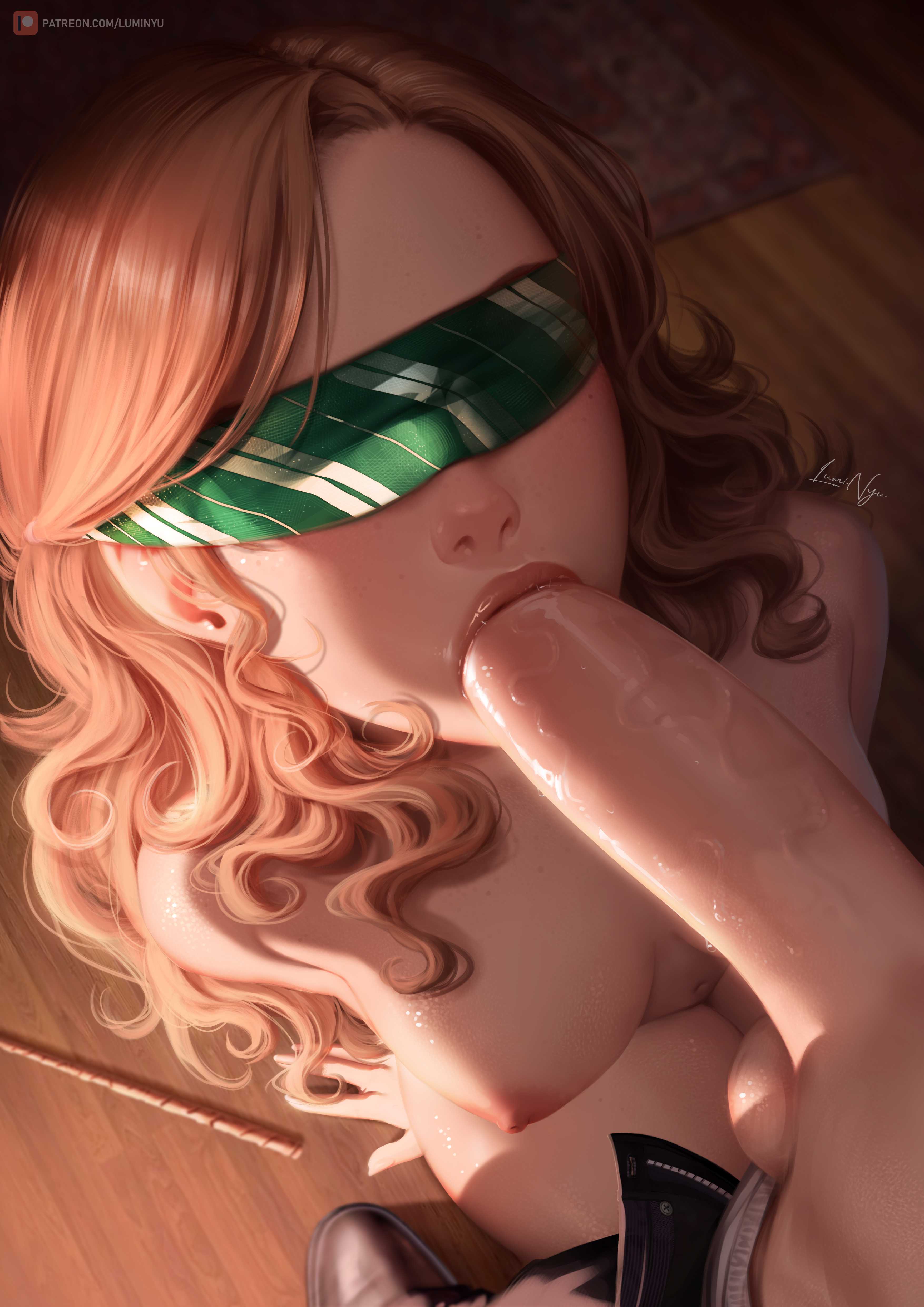 1boy, 1girls, 2020s, 2023, 2d, absurd res, absurdres, areola, areolae, arms behind back, artist name, artist signature, background, balls, big breasts, big penis, black footwear, black pants, blindfold, blowjob, breasts, brown hair, completely naked, completely nude, curly hair, duo, fantasy, fellatio, female, from above, genitals, gryffindor, hair, harry potter, hermione granger, hi res, high resolution, highres, huge cock, human, human only, improvised blindfold, indoors, kneeling, kneeling oral position, large breasts, light skin, light-skinned female, light-skinned male, long hair, luminyu, magic user, male, mole, naked, naked female, navel, nipples, nude, nude female, nudity, on floor, open clothes, open clothing, open pants, oral, pants, pants pull, patreon, penis, pov, rug, schoolgirl, signature, slytherin, slytherin tie, standing, student, thick thighs, thighs, thunder thighs, thunderthighs, uncensored, uniform, vein, veiny penis, wand, wavy hair, witch (harry potter), wooden floor