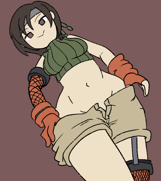 1girls brown_eyes brown_hair chibi female_only final_fantasy final_fantasy_vii headband ludovua navel pulling_down_shorts short_hair shorts solo solo_female tomboy yuffie_kisaragi