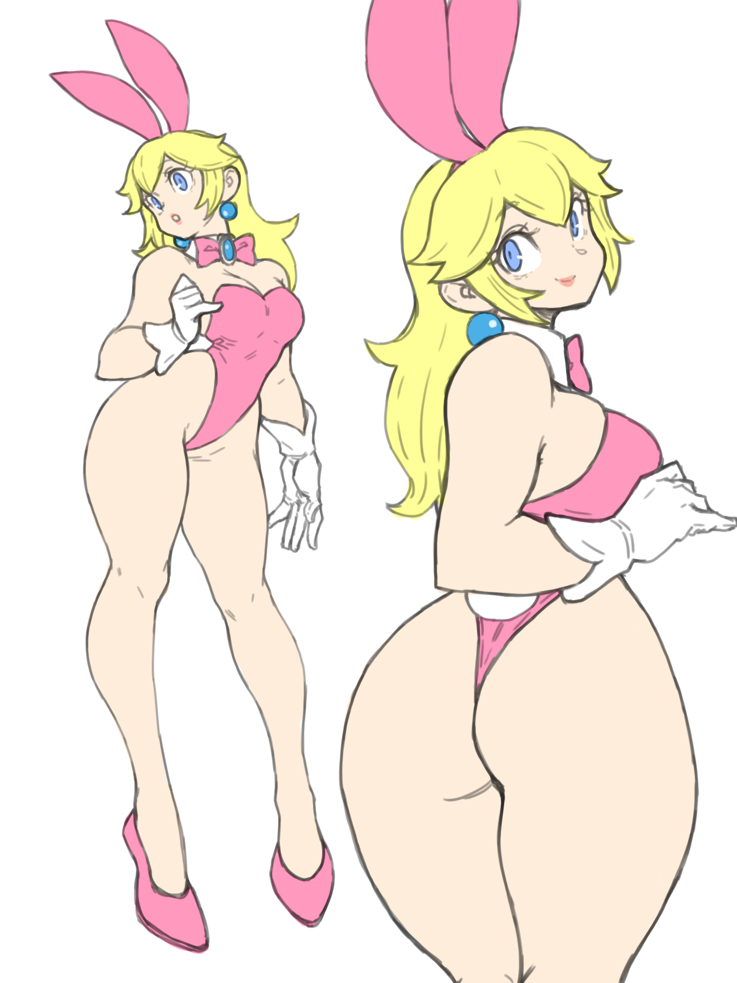 1girls, animal ears, ass, bare legs, big ass, breasts, bunny ears, bunny girl, bunnysuit, fake animal ears, female, female only, leotard, mario (series), multiple views, princess peach, simple background, solo, standing, toshinoshin00, white background