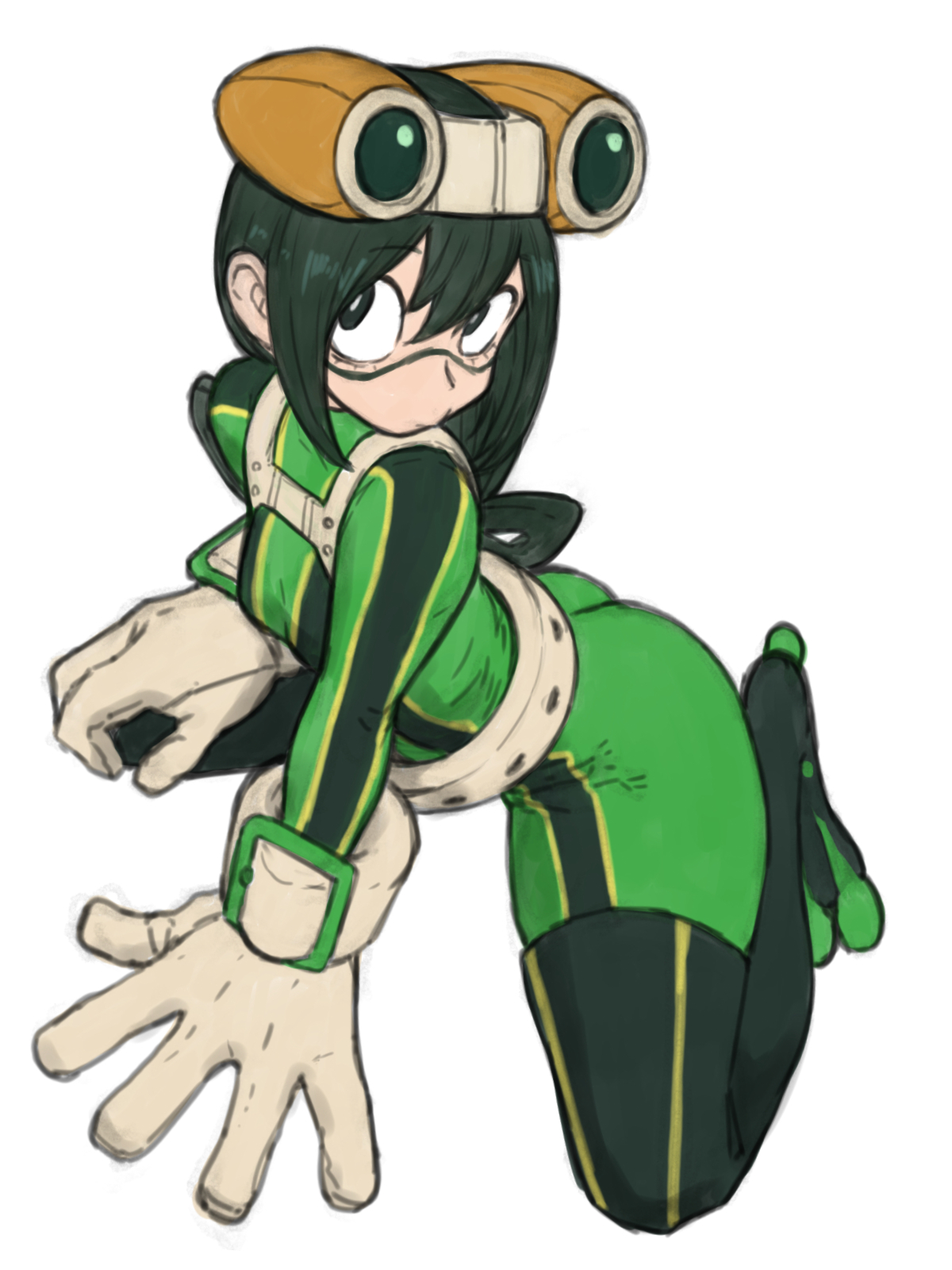 1girls, 2023, arched back, arm support, ass, black eyes, bodysuit, breasts, clothed, clothed female, clothes, clothing, color, colored, eyelashes, female, female focus, female only, fully clothed, gloves, goggles, goggles on head, green hair, hand on knee, hand on leg, hand on own knee, hand on own leg, handwear, hero outfit (mha), high-angle view, hips, kneeling, knees, light skin, light-skinned female, long hair, looking up, my hero academia, plain background, pose, posing, simple background, skin tight, small breasts, solo, solo female, solo focus, straight hair, thick thighs, thigh highs, thighhighs, thighs, tight clothing, toshinoshin00, tsuyu asui, white background, wide eyed, wide hips