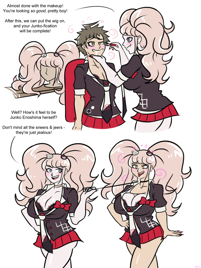 breasts, crossdressing, danganronpa, fake breasts, female, femboy, hinata hajime, hypnosis, junko enoshima, makeup, male, mind control, personality change, sissy, straight hair, twinning, wig