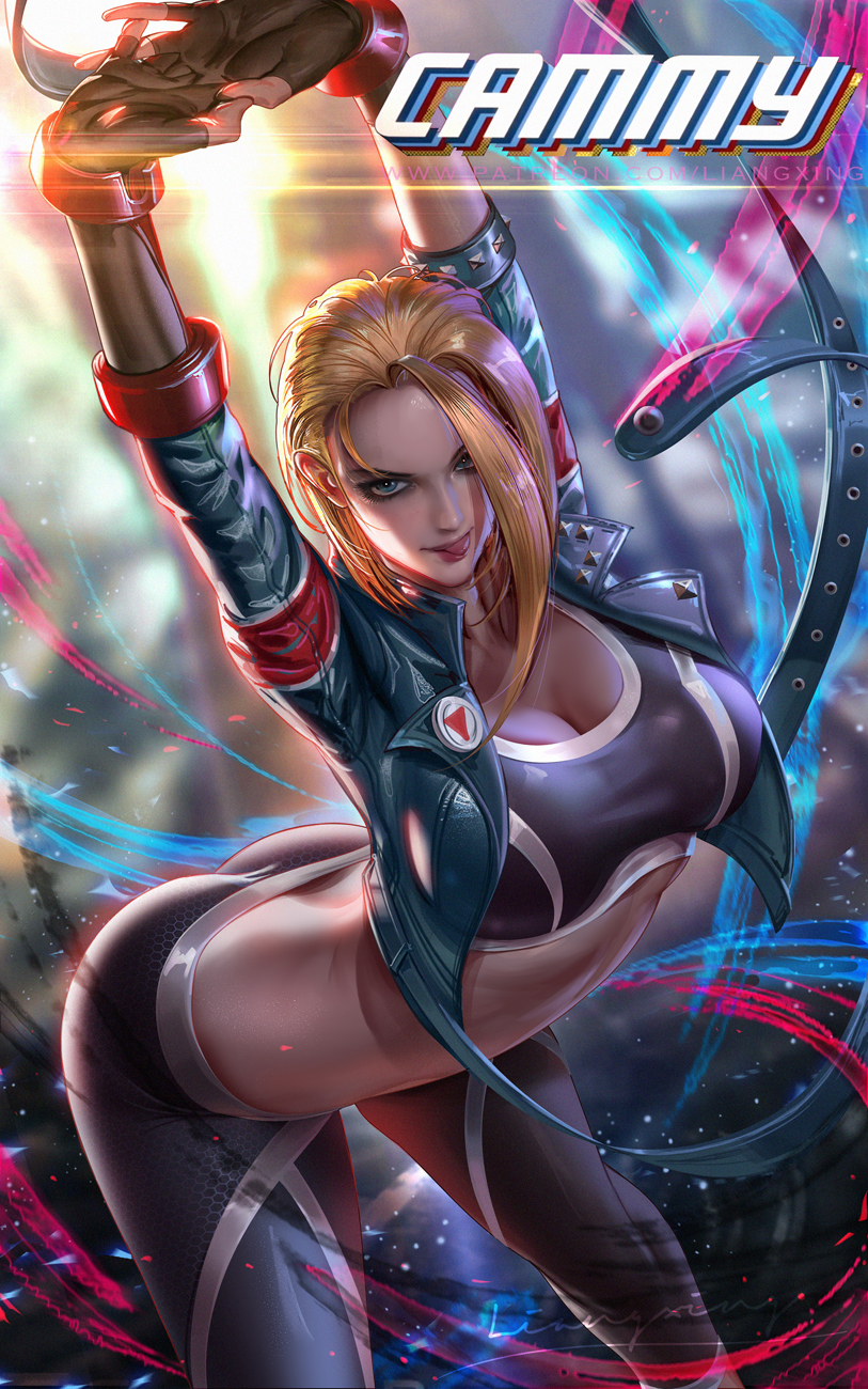 arms above head, blonde hair, cammy stretch, cammy white, cleavage, female, highres, jacket, leaning forward, leggings, liang xing, scar, scar on face, short hair, sports bra, street fighter, street fighter 6, stretching, text, tongue, tongue out