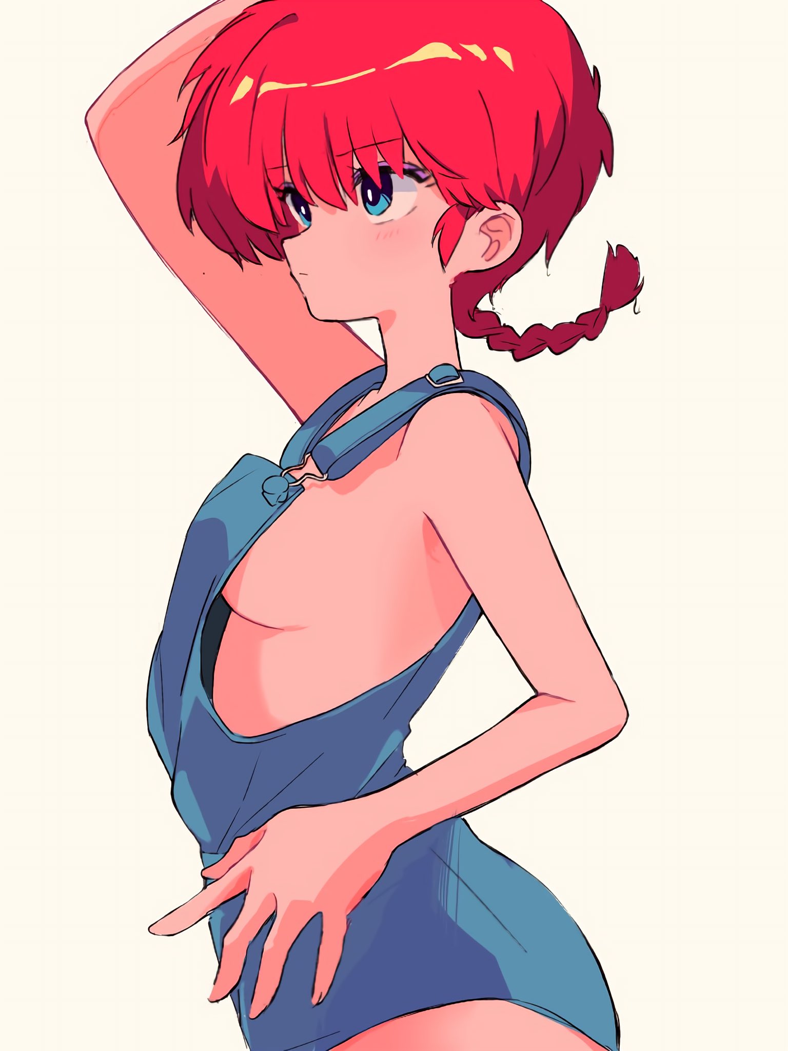 1girls, arched back, armpits, breasts, canon genderswap, clothing, female, medium breasts, no bra, no panties, overalls, petite, ponytail, ranma 1/2, ranma saotome, ranma-chan, red hair, rule 63, sanamaru (sana79261827), short hair, sideboob, single braid, small breasts, solo female