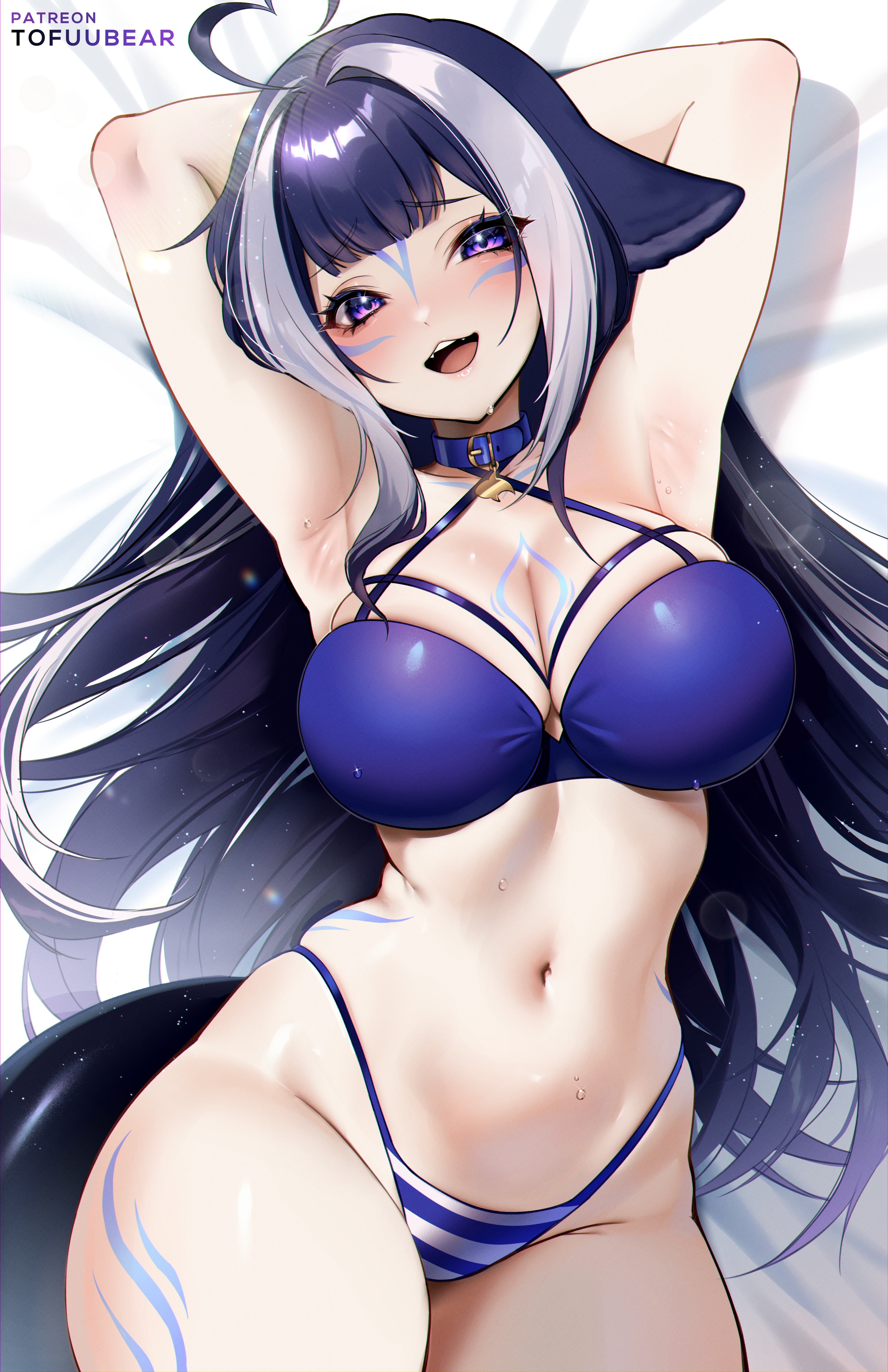 1girls, absurd res, armpits, arms up, bikini, blue hair, body markings, breasts, female, hi res, huge breasts, indie virtual youtuber, light skin, light-skinned female, long hair, lying on back, purple eyes, shylily, tail, tofuubear, virtual youtuber