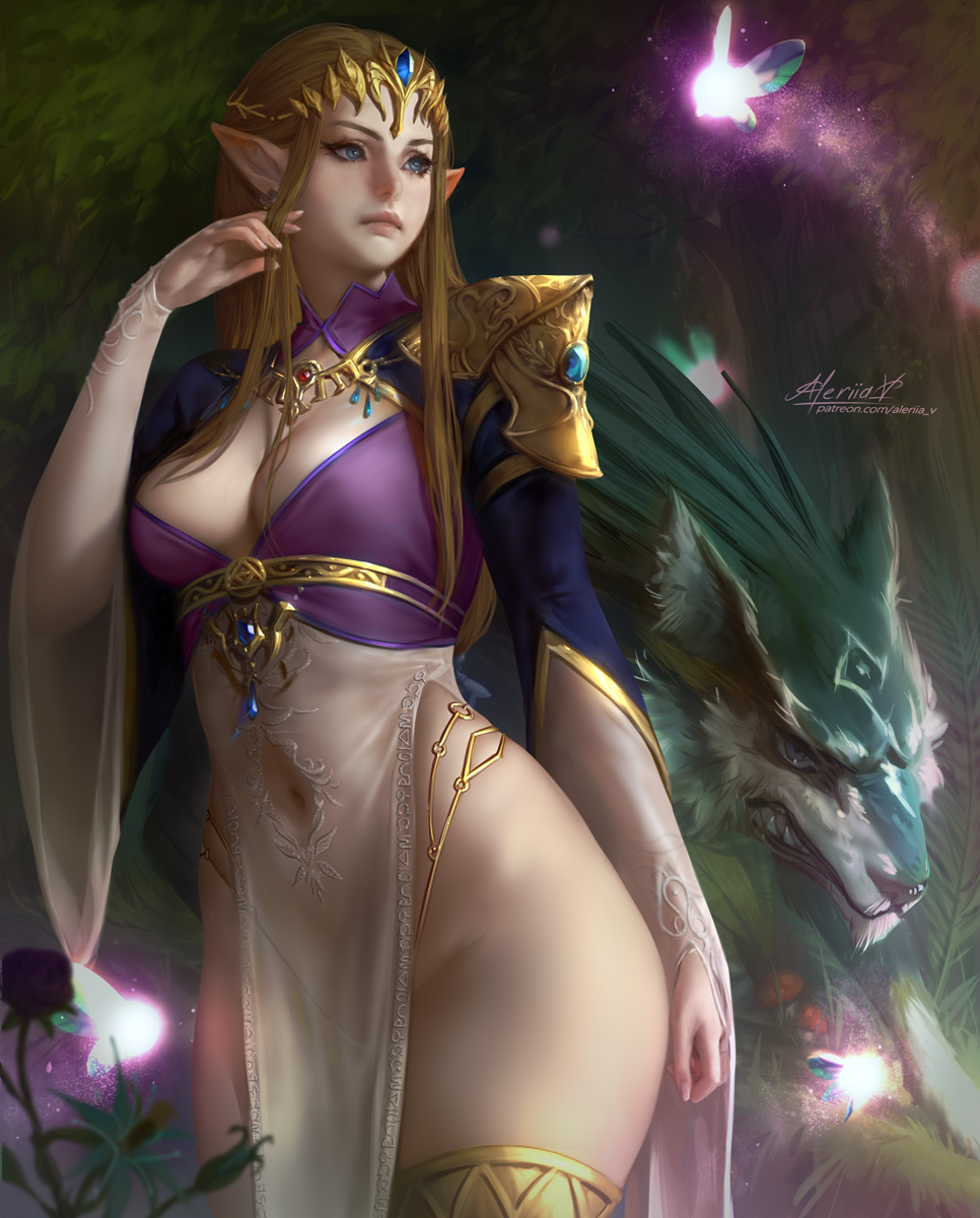 1girls, aleriia v, alternate version available, belly button, big breasts, blonde hair, breasts, detailed background, female, female focus, forest background, green eyes, hi res, high-angle view, highres, hylian, hylian ears, lerapi, loincloth, nintendo, no panties, princess zelda, royalty, short hair, smooth skin, the legend of zelda, twilight princess, wolf, wolf link, zelda (twilight princess)