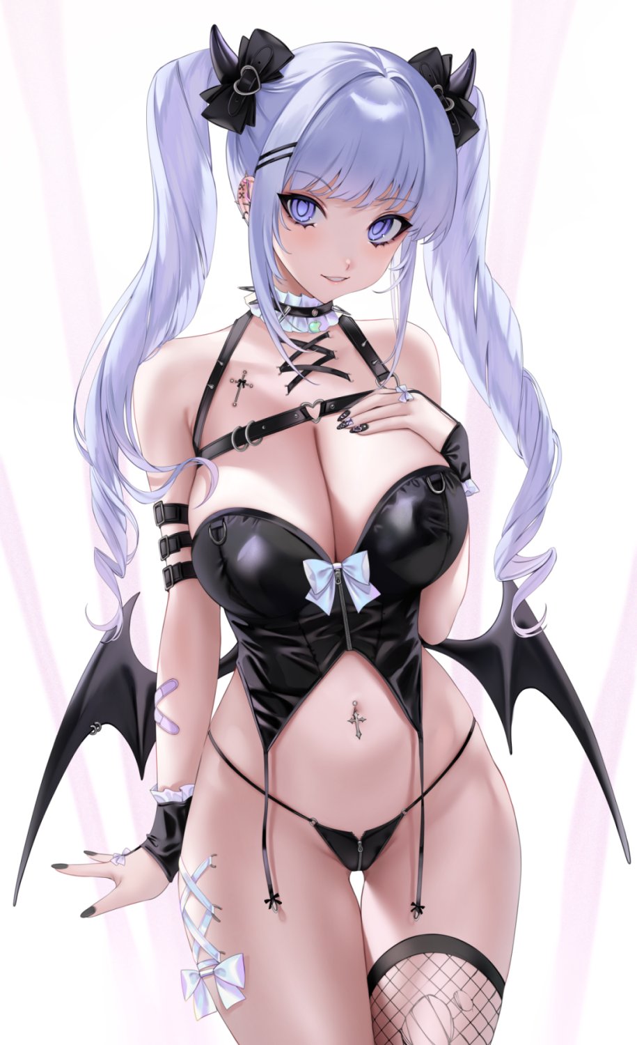 1girls belly_button belly_piercing black_nails black_wings blue_eyes cleavage corset cross_piercing ear_piercings female female_only hairclips hand_on_own_chest horns light-skinned_female light_blue_hair light_skin looking_at_viewer ompf original piercings solo wings zipper_panties