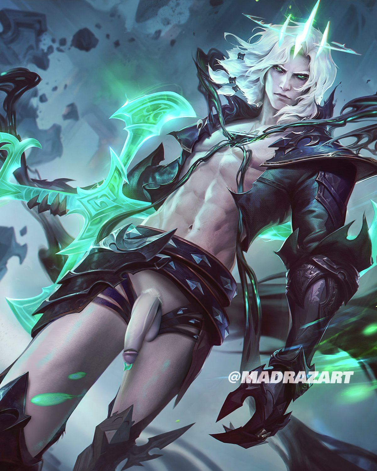 1boy armor balls belly_button belt black_panties cheekbones clasp cock crown cum cumming gloves green_cum green_eyes hairless hairless_balls hairless_penis half-dressed jacket king league_of_legends long_hair looking_at_viewer male male_only masculine muscles muscular muscular_male nude nude_male orgasm penis ruined ruined_king ruined_king_symbol six_pack strap sword thong thong_bikini varuslunam veiny veiny_muscles veiny_penis viego_(league_of_legends) white_balls white_body white_eyebrows white_hair white_penis white_skin