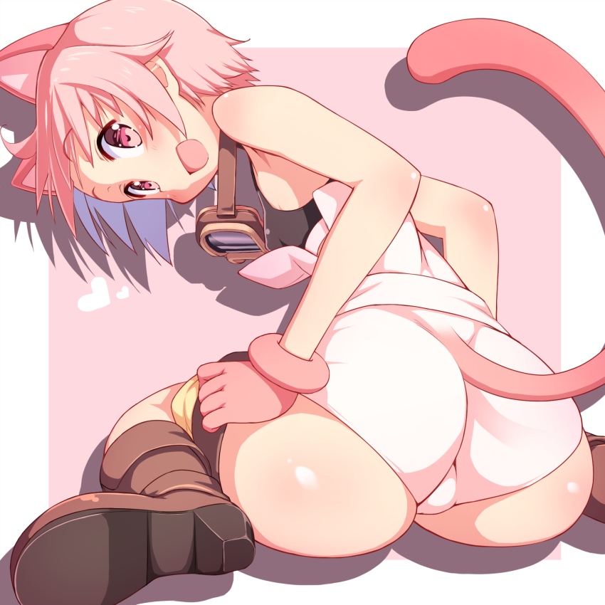 1girls ass_focus baakurou big_butt blush boots cat_ears cat_tail catgirl gloves goggles nonohara_yuzuko pink_eyes pink_hair small_breasts tagme yuyushiki