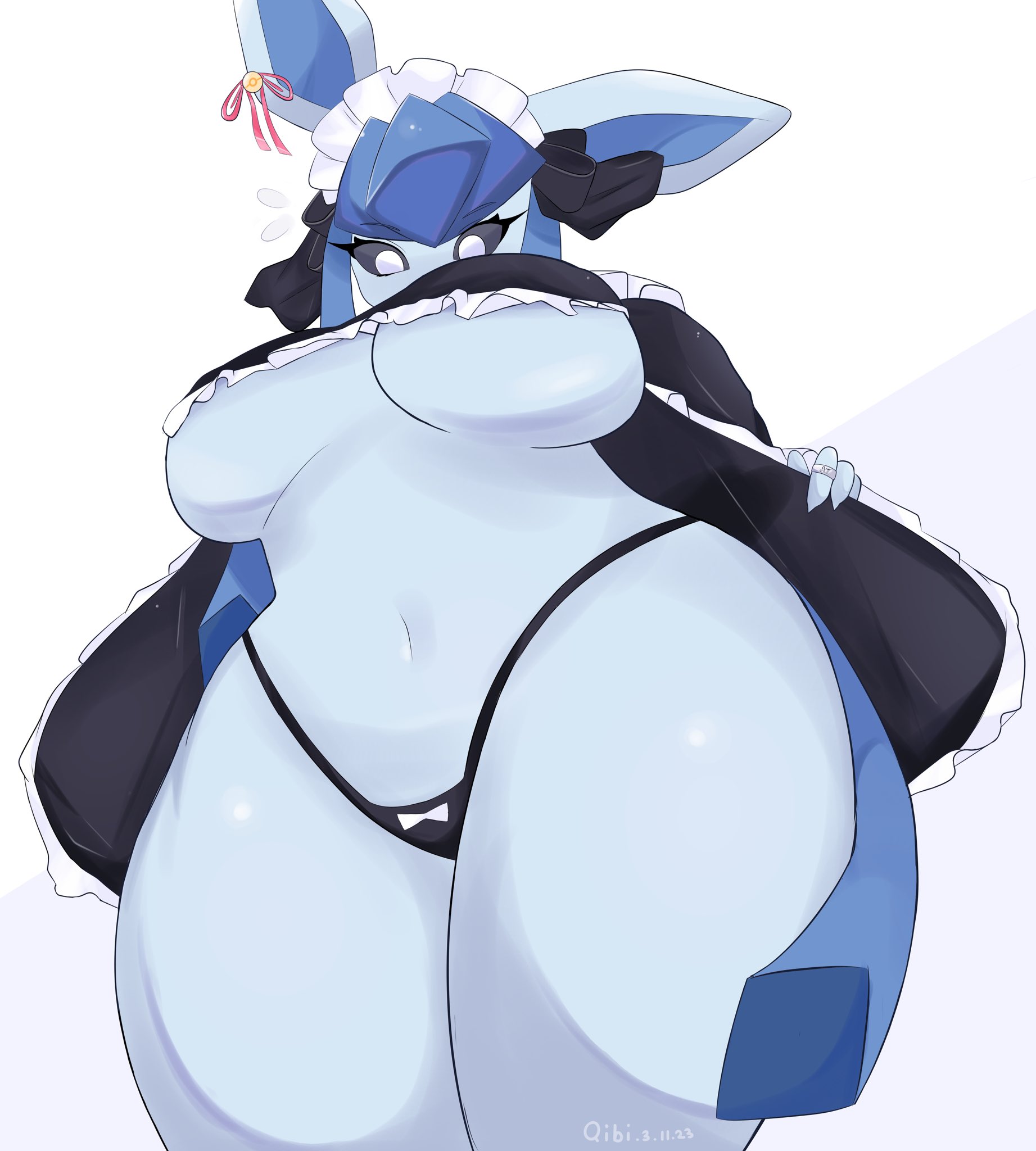 blue eyes, blue skin, breasts, female, game freak, glaceon, maid, nintendo, pokémon (species), pokemon, pokemon (species), pokemon dppt, qibli, thick thighs, underboob, viewed from below, voluptuous, wide hips