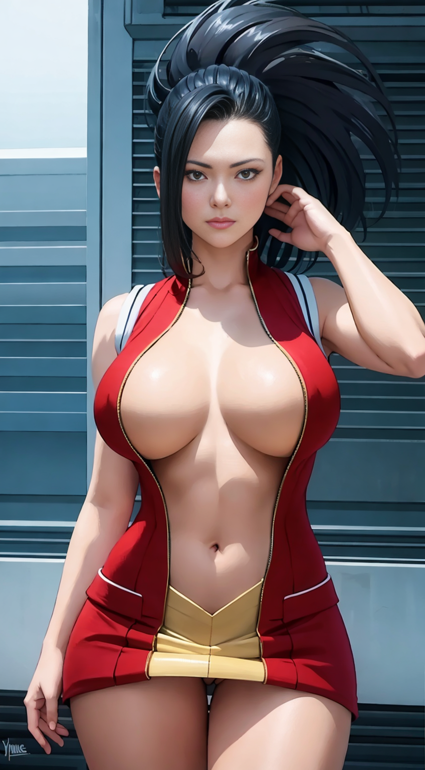 1girls, ai generated, big breast, breasts, dagnock, female, light skin, light-skinned female, momo yaoyorozu, my hero academia, outdoors, realistic, solo, stable diffusion