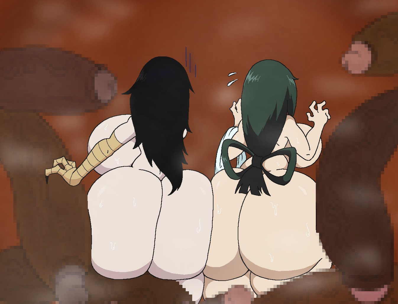 2girls big_ass big_breasts big_butt black_penis bubble_butt censored_penis claws curvy_body dark-skinned_male foreskin green_hair handjob huge_ass interracial large_hair large_penis momo_(creepypasta) monster_girl multiple_girls my_hero_academia nude_female nude_male sauna simple_background tsuyu_asui uncut varix wide_hips