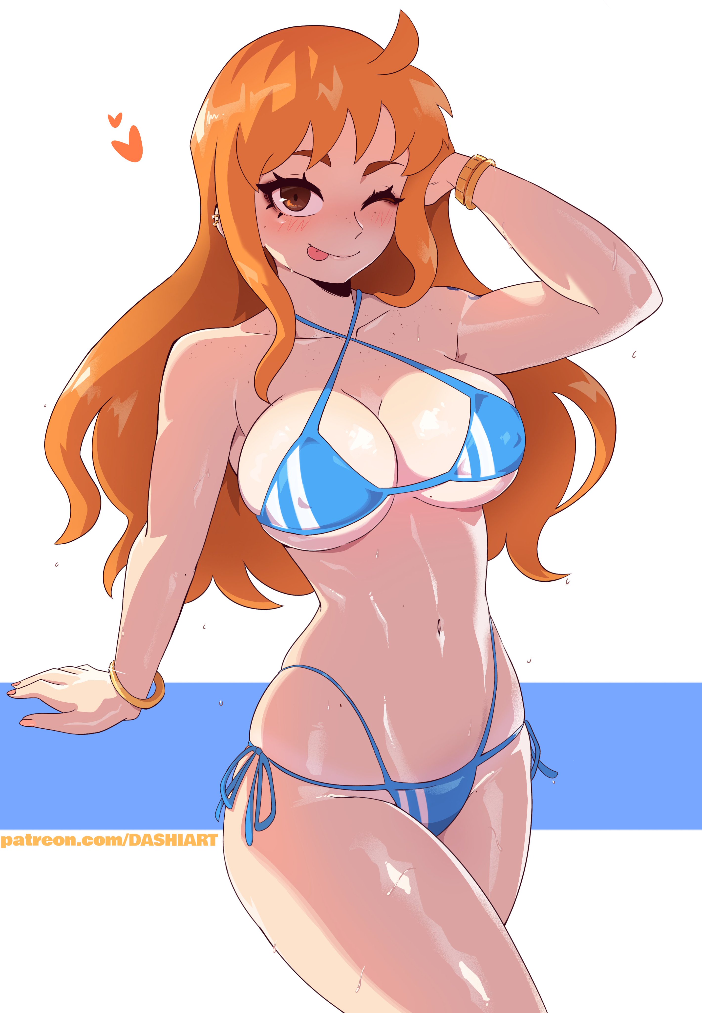 1girls, bikini, breasts, dashi art, female, female only, large breasts, nami (one piece), one piece, orange hair, orange-haired female, post-timeskip, solo, tongue, tongue out, wink