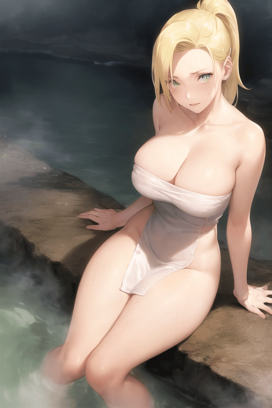 ai generated, alternate eye color, blonde hair, blush, breasts, cleavage, female, female only, hot spring, ino yamanaka, long hair, nai diffusion, naruto, naruto (series), naruto shippuden, naruto: the last, onsen, partially submerged, solo, solo focus, stable diffusion, steam, very long hair, voluptuous, water, wet, wet body, wet skin