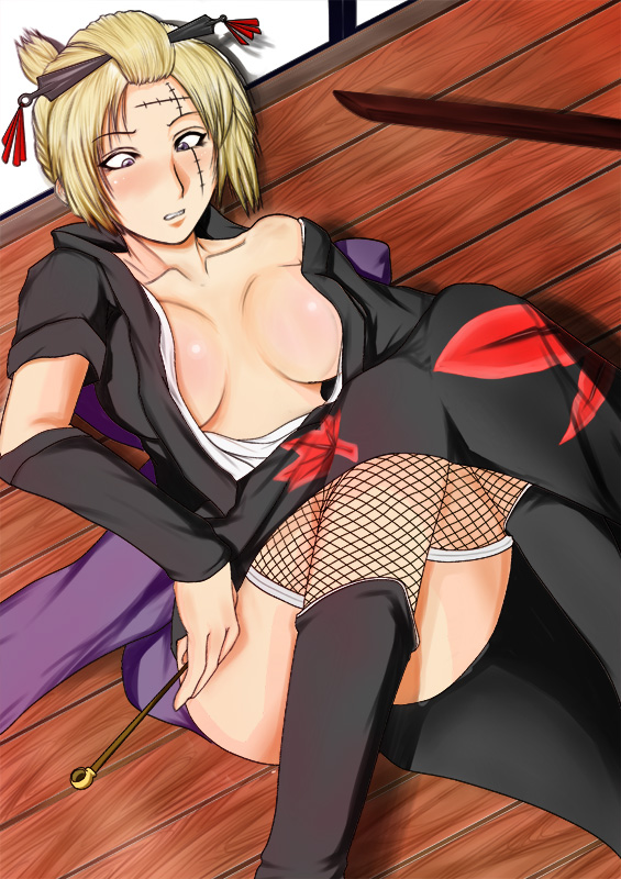 2009 accipitriform blonde_hair blush boots embarrassed facial_scar female female_only fishnet_thighhighs fishnets gintama hair_ornament inner_sideboob kimono kiseru kunai kunoichi looking_down medium_breasts no_bra on_back on_floor open_clothes open_kimono pipe single_detached_sleeve smoking_pipe solo tairappu thighhighs tied_hair tsukuyo