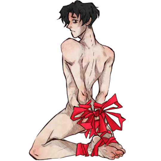 1boy black_hair bondage gift_wrapped killing_stalking kinbaku looking_at_viewer male male_only solo yoon_bum