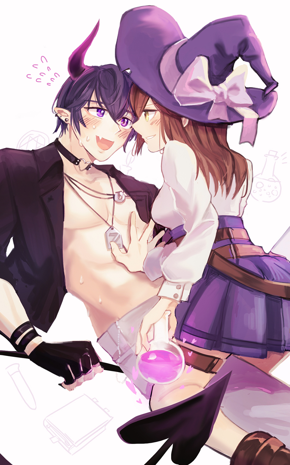 1boy 1girls abs female femdom halloween halloween_costume horns hoyoverse male marius_von_hagen mihoyo potion potion_bottle rosa_(tears_of_themis) straight tagme tears_of_themis witch_hat