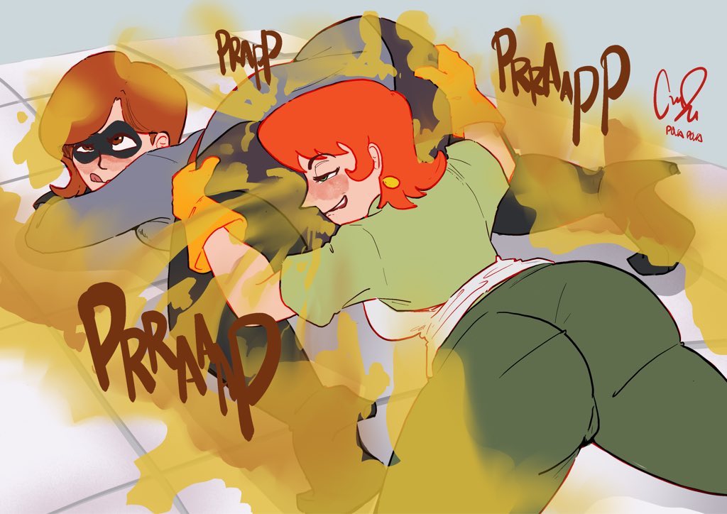 2girls, ass, ass grab, big ass, big butt, black boots, blush, boots, brown eyes, brown hair, cartoon network, dexter's laboratory, dexter's mom, disney, elastigirl, elastigirl (the incredibles 2 supersuit), fart, fart cloud, fart fetish, farting, female, gloves, green eyes, green pants, helen parr, high heel boots, latex, latex gloves, mask, mature female, milf, mother, multiple females, multiple girls, orange hair, pixar, polapolabianda (artist), rear view, short hair, smile, the incredibles, thick thighs, thigh boots, yellow gloves, yuri