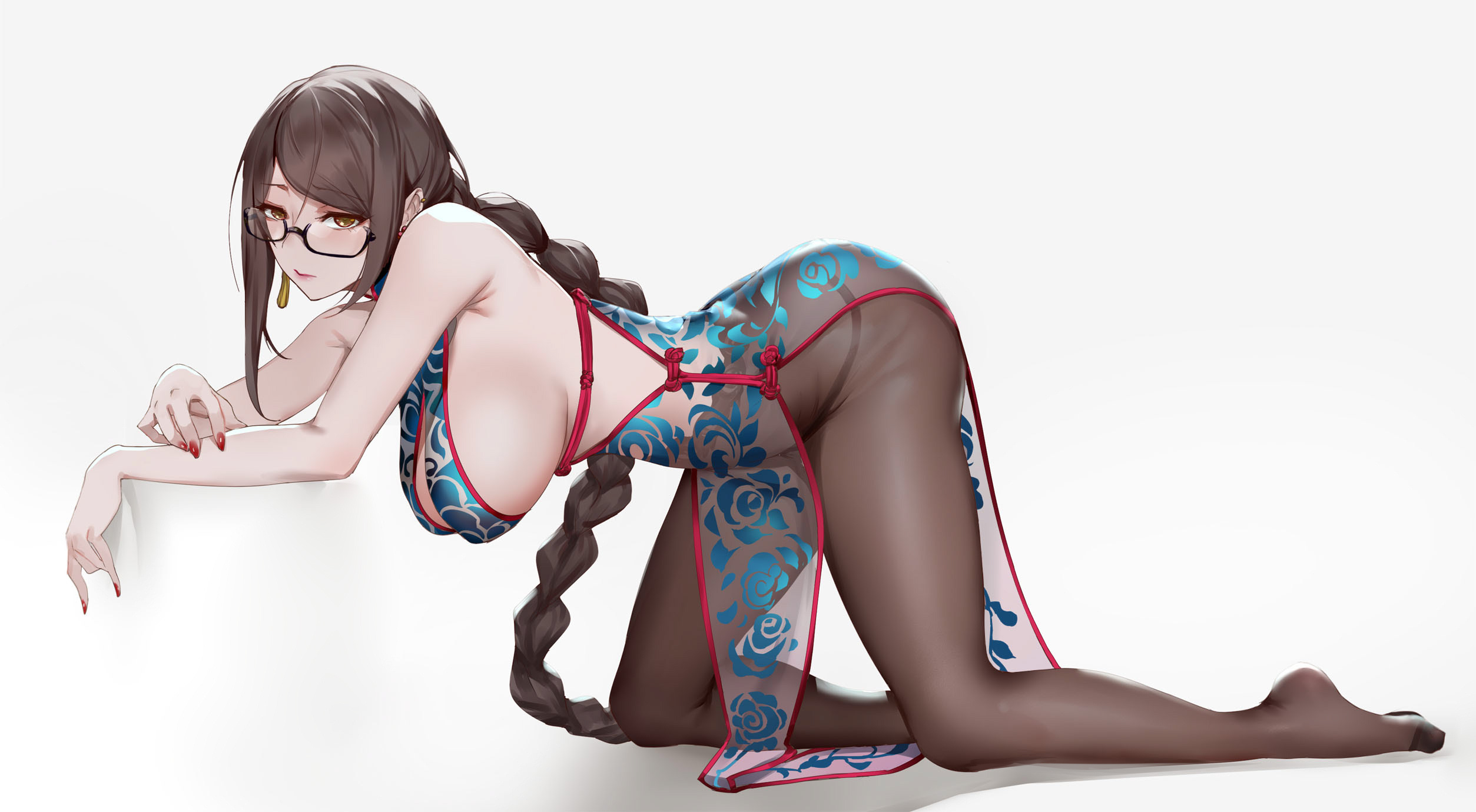 ass, bare shoulders, blue dress, blush, bozaigao x, braid, braided ponytail, breasts, brown eyes, brown hair, brown pantyhose, china dress, chinese clothes, dress, earrings, fate (series), fate/grand order, female, glasses, highres, jewelry, large breasts, long hair, looking back, panties, panties under pantyhose, pantyhose, sideboob, single braid, tassel, tassel earrings, underwear, very long hair, white background, yu mei-ren (fate), yu mei-ren (spare the idle talk) (fate)