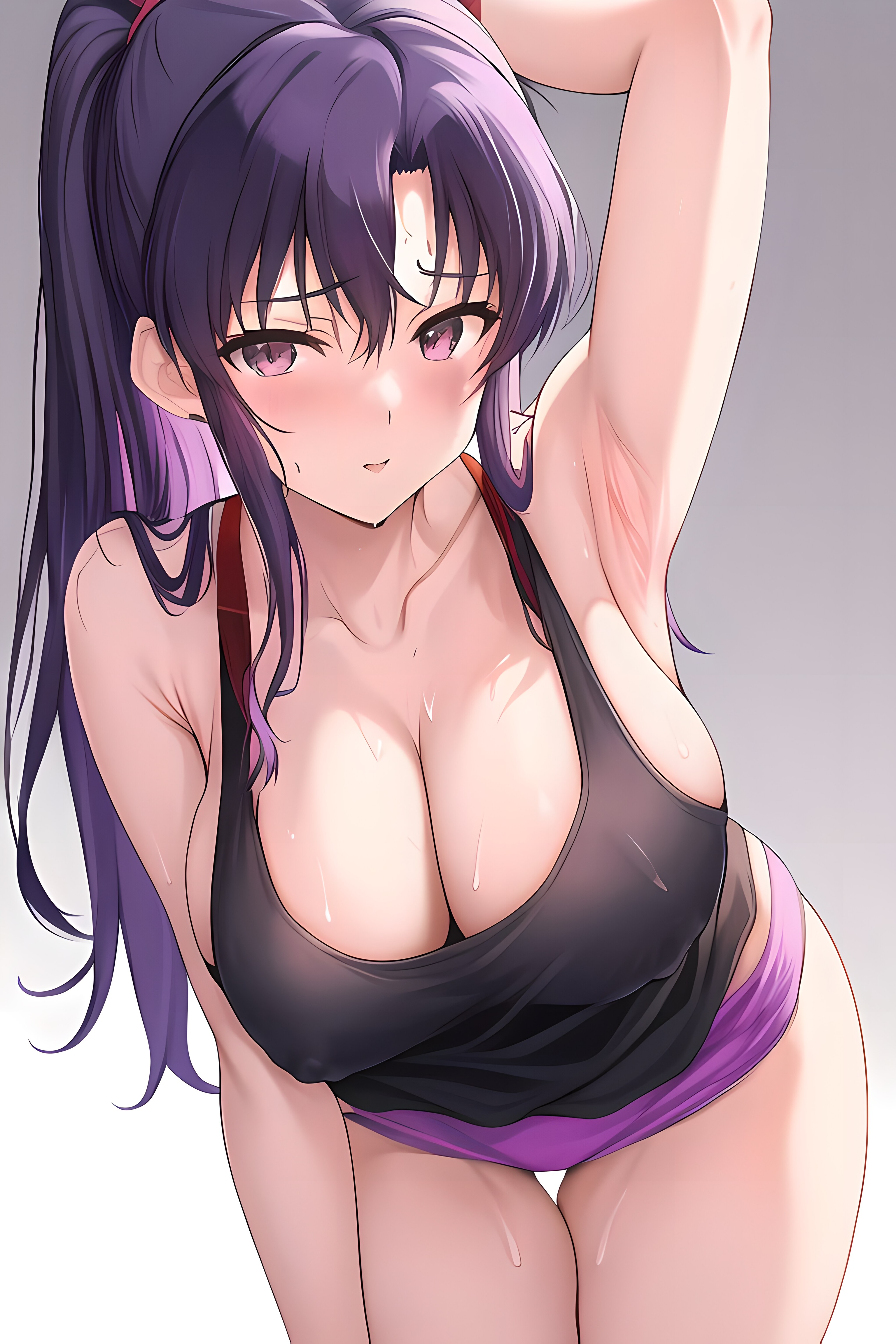 1girls, ai generated, armpits, big breasts, blush, breasts, eyebrows raised, female, leaning forward, looking at viewer, misato katsuragi, neon genesis evangelion, panties, ponytail, purple eyes, purple hair, tank top