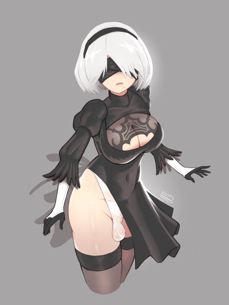 1futa, balls, balls under clothes, big breasts, blindfold, breasts, bulge, clothed, clothing, flaccid, futa only, futanari, grey background, hairband, human, icytrail, intersex, light skin, light-skinned futa, looking at viewer, lunahardbroom, mostly clothed, nier, nier: automata, penis, penis under clothes, short hair, sitting, small penis, solo, solo futa, testicles, thighhighs, white hair, yorha 2b