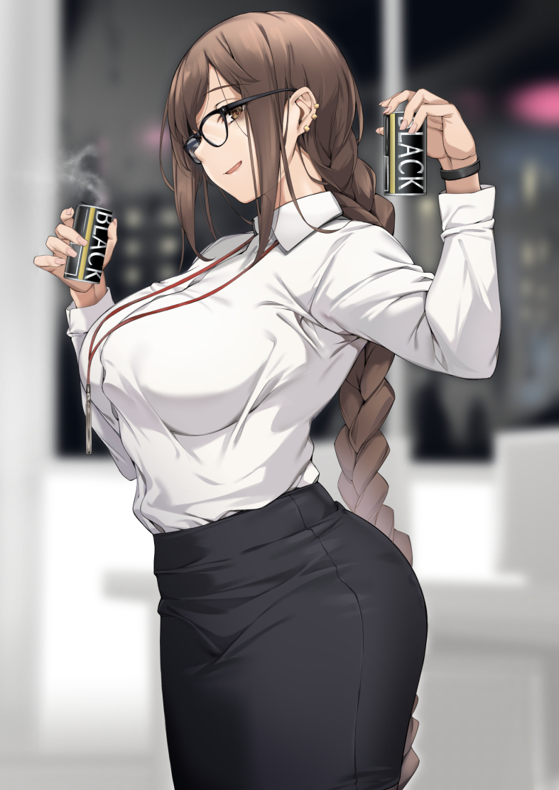 black_skirt blush braid braided_ponytail breasts brown_eyes brown_hair can canned_coffee collared_shirt dress_shirt earrings fate/grand_order fate_(series) female from_side glasses jewelry lanyard large_breasts long_hair long_sleeves looking_at_viewer multiple_earrings naha78 office_lady open_mouth pencil_skirt shirt single_braid skirt smile solo very_long_hair white_shirt yu_mei-ren_(fate)