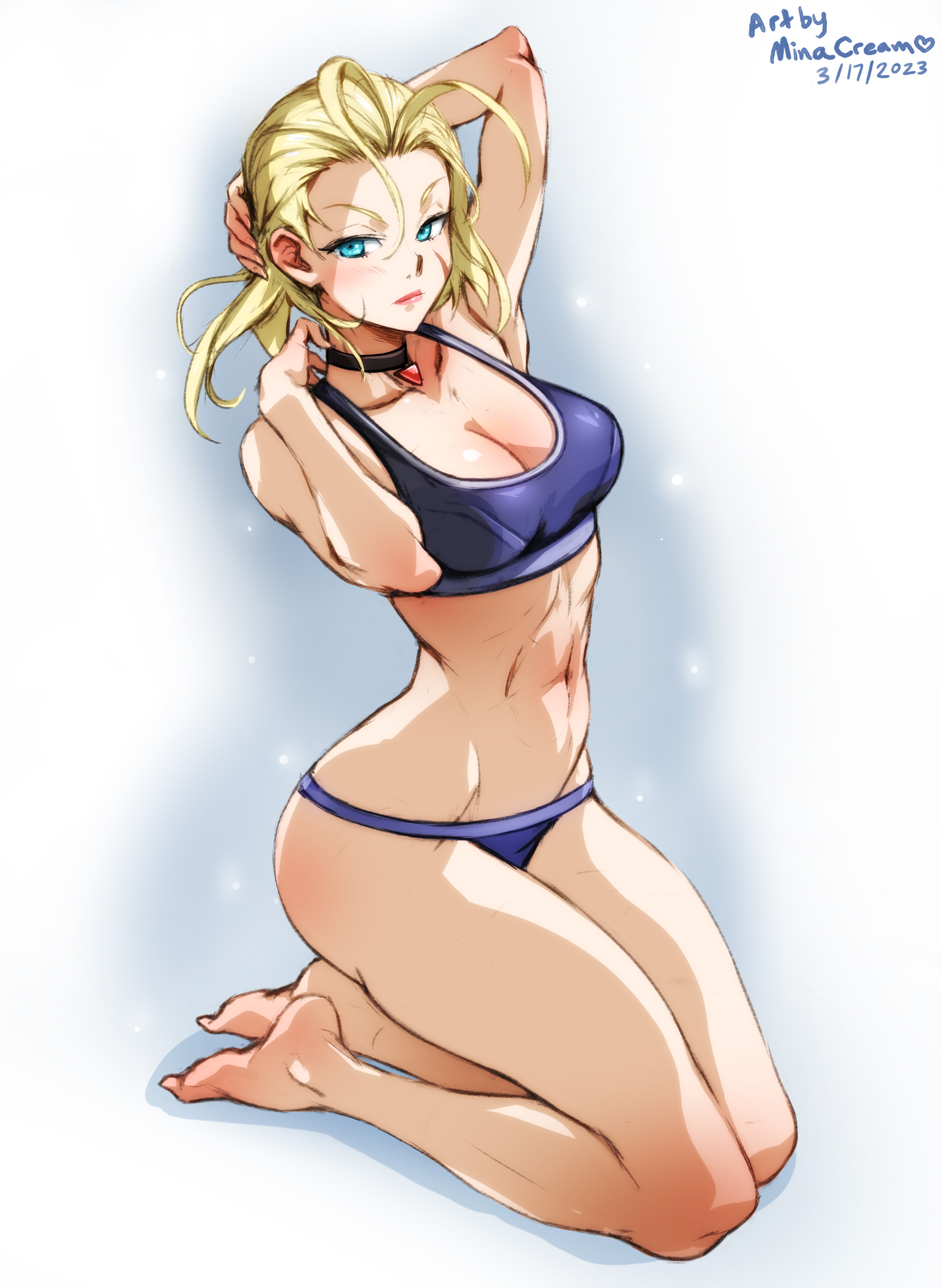 1girls, 2023, abs, alternate version available, aqua eyes, barefoot, belly, big breasts, blonde hair, blue bra, blue panties, blush, breasts, cammy white, chest, choker, cleavage, collarbone, displeased, female, female only, fit, fit female, fully clothed, hand behind head, hand on head, highres, kneeling, knees, legs, light skin, light-skinned female, lips, looking at viewer, medium hair, messy hair, midriff, minacream, navel, panties, scar, scar on face, short hair, solo, stomach, street fighter, street fighter 6, thick thighs, tight clothing, topwear, underwear, underwear only, waist