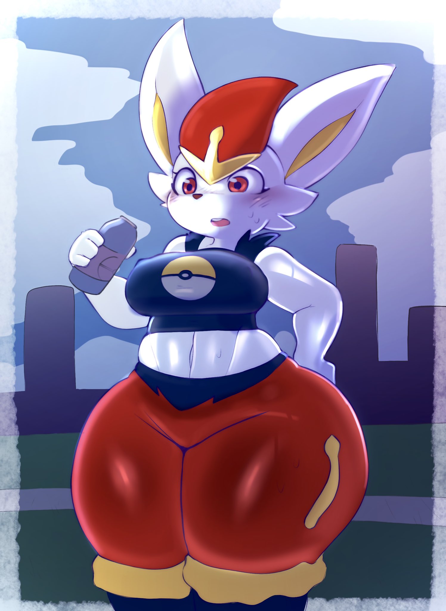 2d, anthro, anthrofied, big breasts, blush, bottom heavy, breasts, cinderace, clothed, clothing, female, fur, furry, furry only, inazuma kat, nintendo, pokémon (species), pokemon, pokemon (species), solo, thick thighs, thunder thighs, wide hips