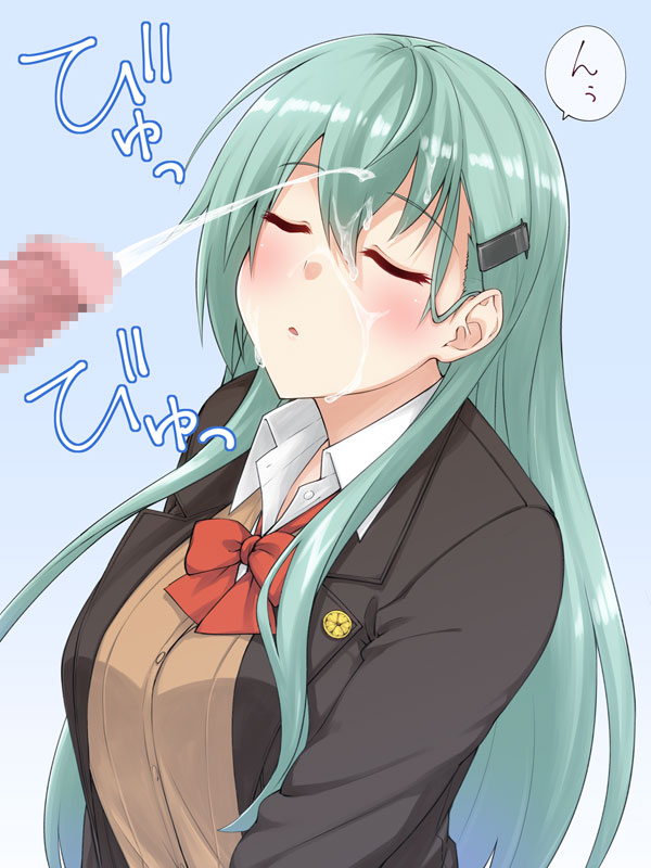 blush brown_jacket brown_sweater censored closed_eyes collared_shirt cum cum_on_hair facial female green_hair hair_between_eyes hair_ornament hairclip jacket kantai_collection long_hair long_sleeves mikagami_sou mosaic_censoring neck_ribbon open_clothes open_jacket parted_lips penis red_ribbon ribbon shirt solo speech_bubble suzuya_(kantai_collection) suzuya_kai_ni_(kantai_collection) sweater upper_body white_shirt