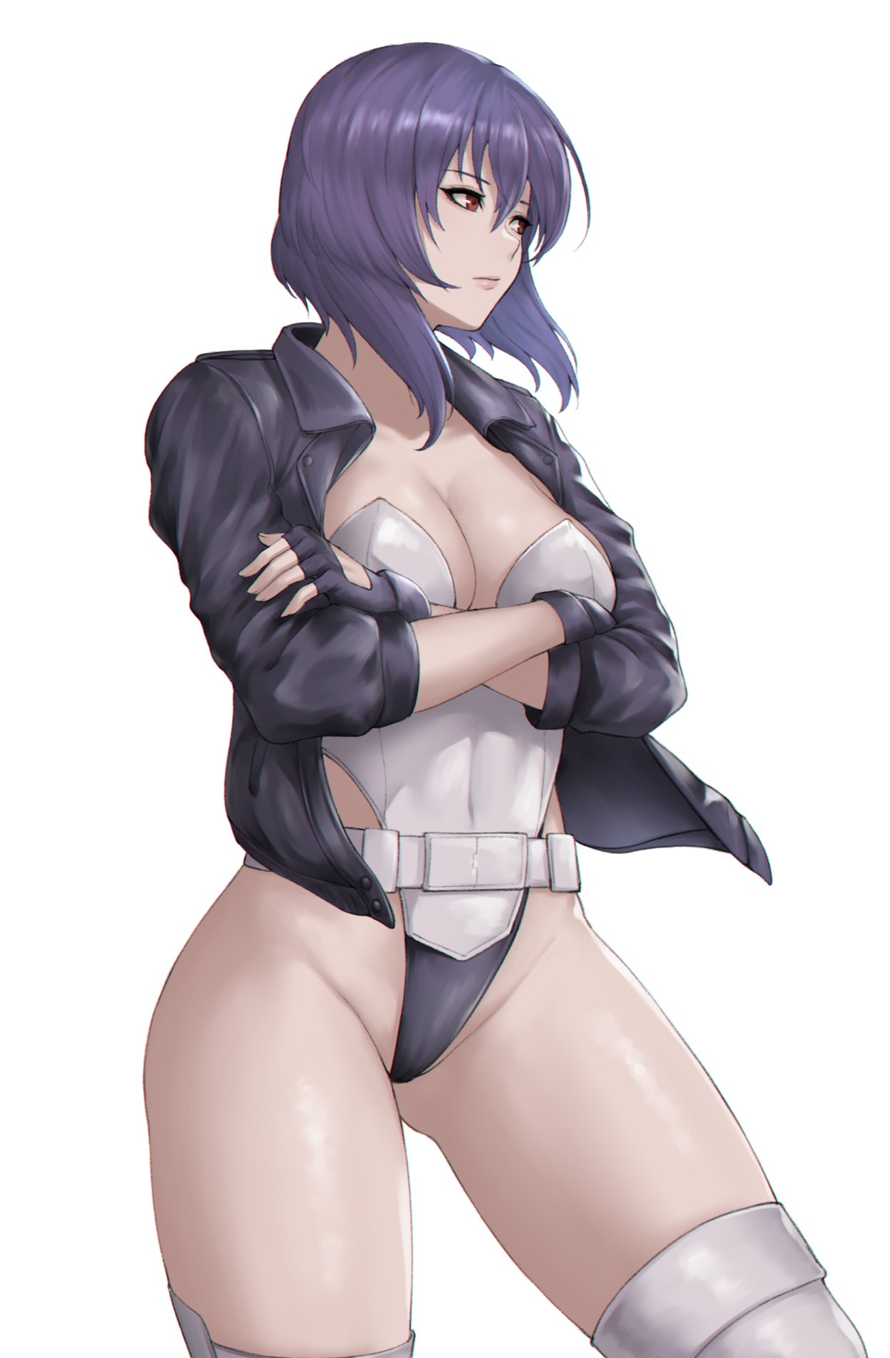arms under breasts, belt, black jacket, black leotard, bob cut, breasts, cleavage, contrapposto, cowboy shot, crossed arms, female, ghost in the shell, gluteal fold, highleg, highleg leotard, highres, inverted bob, jacket, kuronerinka, kusanagi motoko, large breasts, leather, leather jacket, leotard, lips, medium hair, open clothes, open jacket, purple hair, red eyes, simple background, solo, standing, thighhighs, thighs, two-tone leotard, white background, white leotard, white thighhighs