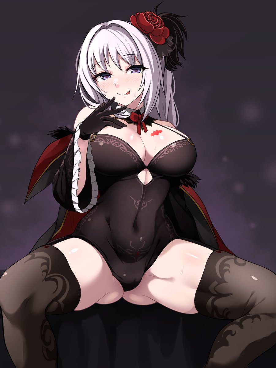 :p ass big_breasts black_background black_clothing black_dress black_gloves black_legwear black_thighhighs blue_eyes blush bowtie breasts collar garter_belt hair_ornament huge_breasts huge_thighs leg_spread legs_apart legwear long_hair looking_at_viewer magia_record:_mahou_shoujo_madoka_magica_gaiden mahou_shoujo_madoka_magica naughty_face naughty_smile navel navel_line plump puella_magi_madoka_magica pussy pussy_bulge red_bowtie rose smiling smiling_at_viewer spread_legs spreading sweatdrop tagme thick_thighs thighhighs thighs tongue_out white_hair yakumo_mitama zwei_(santanawamuujojo)