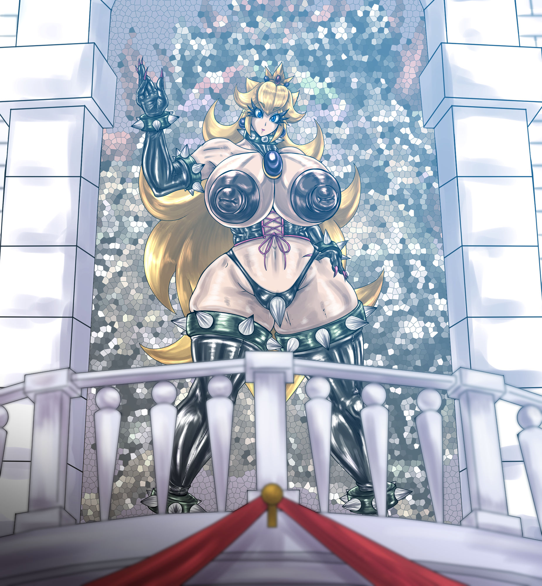 ass, breasts, elbow gloves, female, high heels, huge ass, huge breasts, huge nipples, hyper breasts, hyper nipples, latex, mario (series), nipples, panties, princess peach, tao 2carat, thick thighs, thighhighs, wide hips