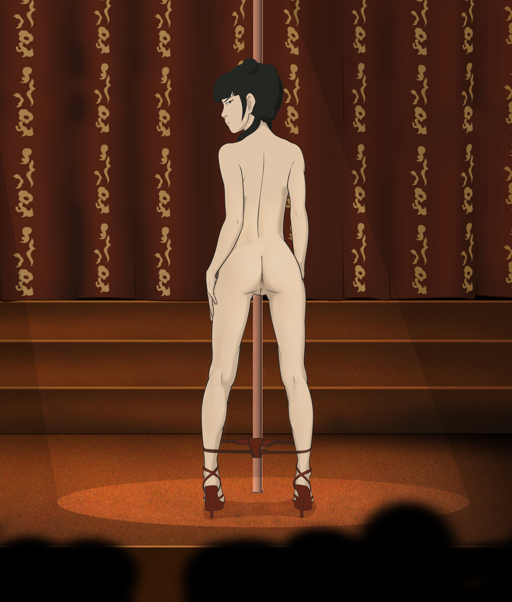 anaxus, annoyed, annoyed expression, anus, ass, avatar the last airbender, back view, female, hands on hips, heels, high heels, looking back, mai (avatar), naked, naked footwear, naked heels, nude, nude female, panties around ankles, panties around legs, panties down, pussy, rear view, scene, solo, solo female, standing, stripper, stripper pole, thong, thong down