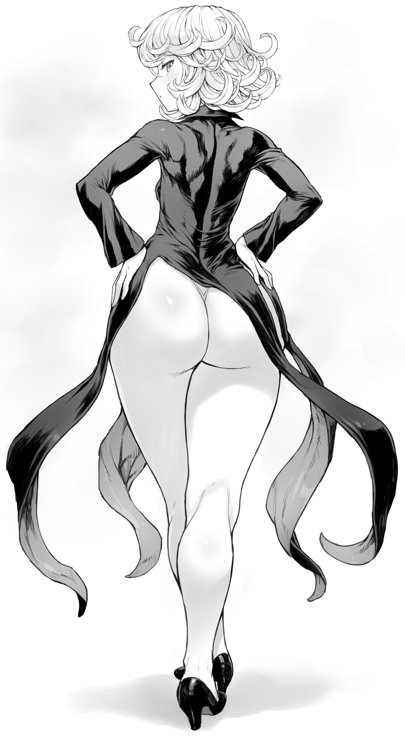 1girls, ass, ass focus, big ass, black and white, dress, exposed ass, female, high heels, mogudan, monochrome, one-punch man, tatsumaki, thong
