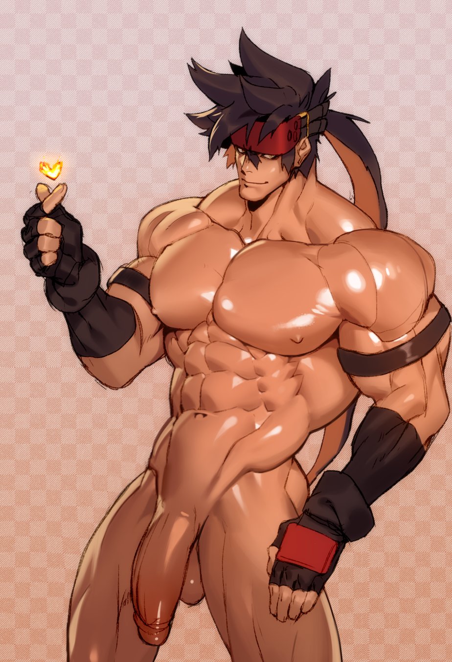 balls bara big_penis fire guilty_gear headband heart male male_only mostly_nude muscles muscular na_insoo penis rennik sol_badguy solo solo_male