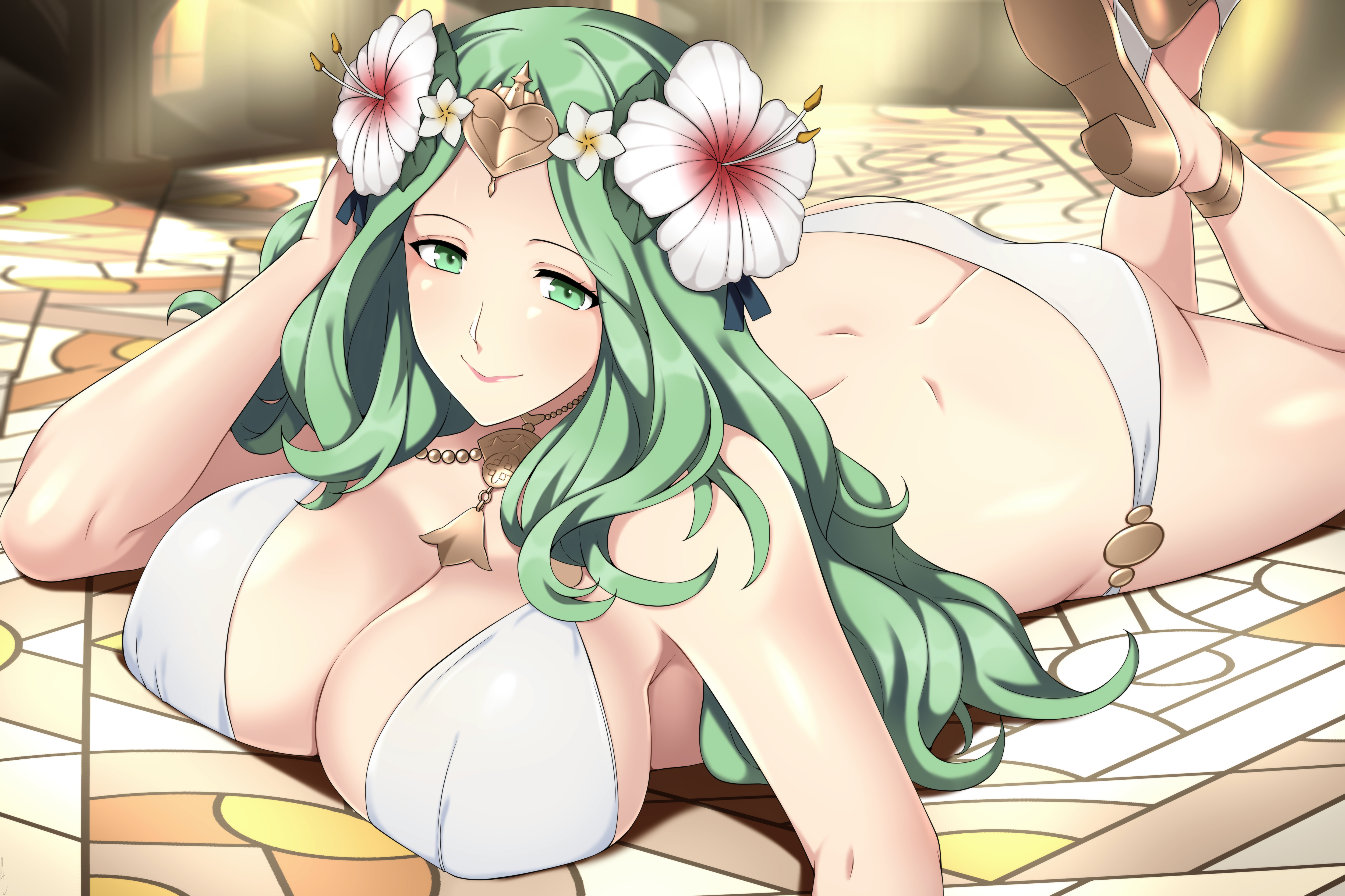 1girls, alternate costume, ass, ass cleavage, ass crack, bikini, breasts, butt crack, cleavage, closed mouth, female, female only, fire emblem, fire emblem heroes, fire emblem: three houses, flower, flower in hair, green eyes, green hair, hair flower, hair ornament, high heels, large breasts, leg up, lindaroze, long hair, lying, necklace, nintendo, official alternate costume, on floor, on stomach, pose, rhea (fire emblem), rhea (summer) (fire emblem), sandals, shoe soles, smile, solo, swimsuit, the pose, white bikini, white swimsuit