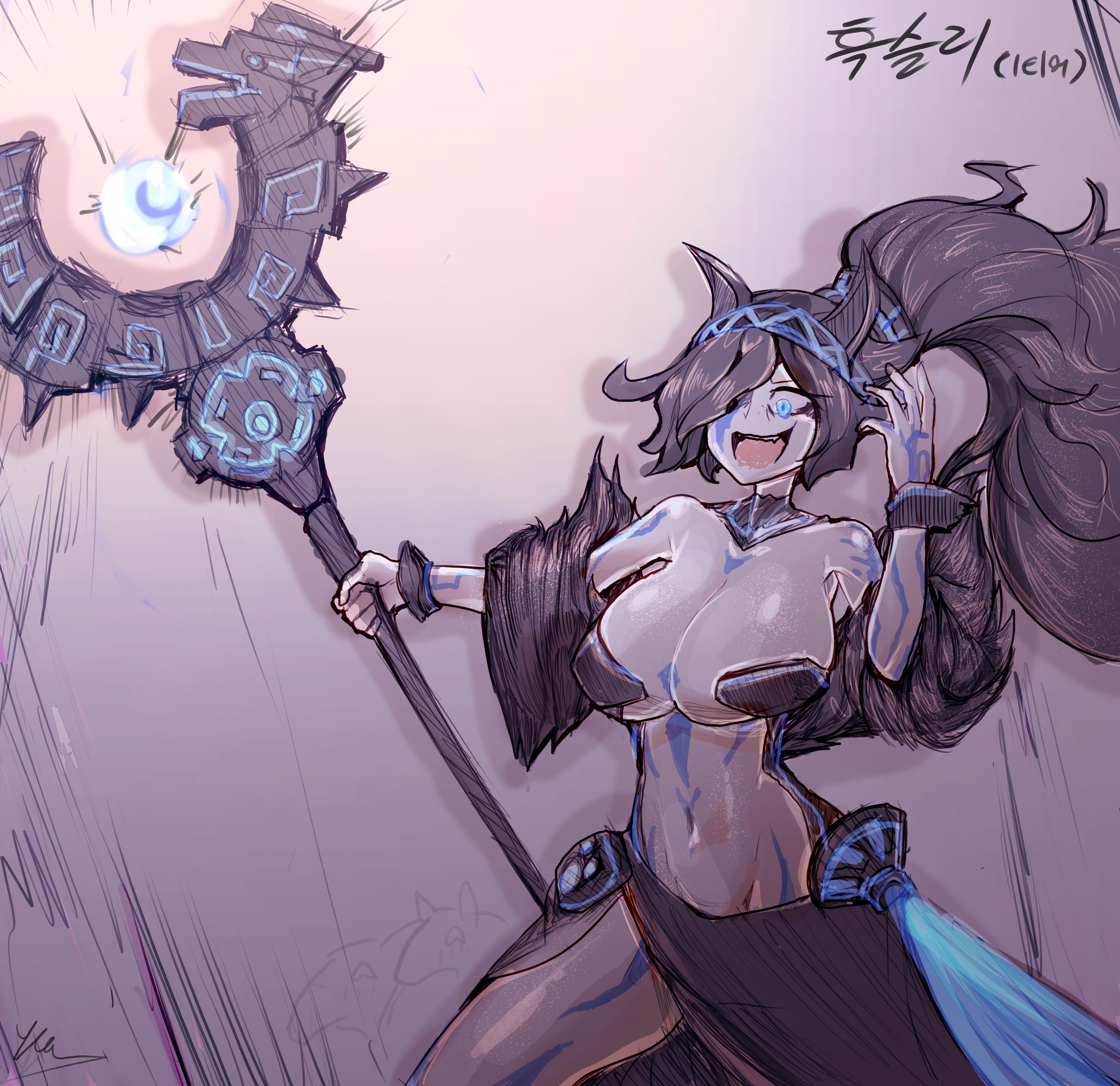 1girls, black hair, blue eyes, breasts, cat ears, dress, evil grin, female, female focus, female only, geulimykun (skbyunea413), huge breasts, kasli the bane, navel, robe, scepter, the battle cats