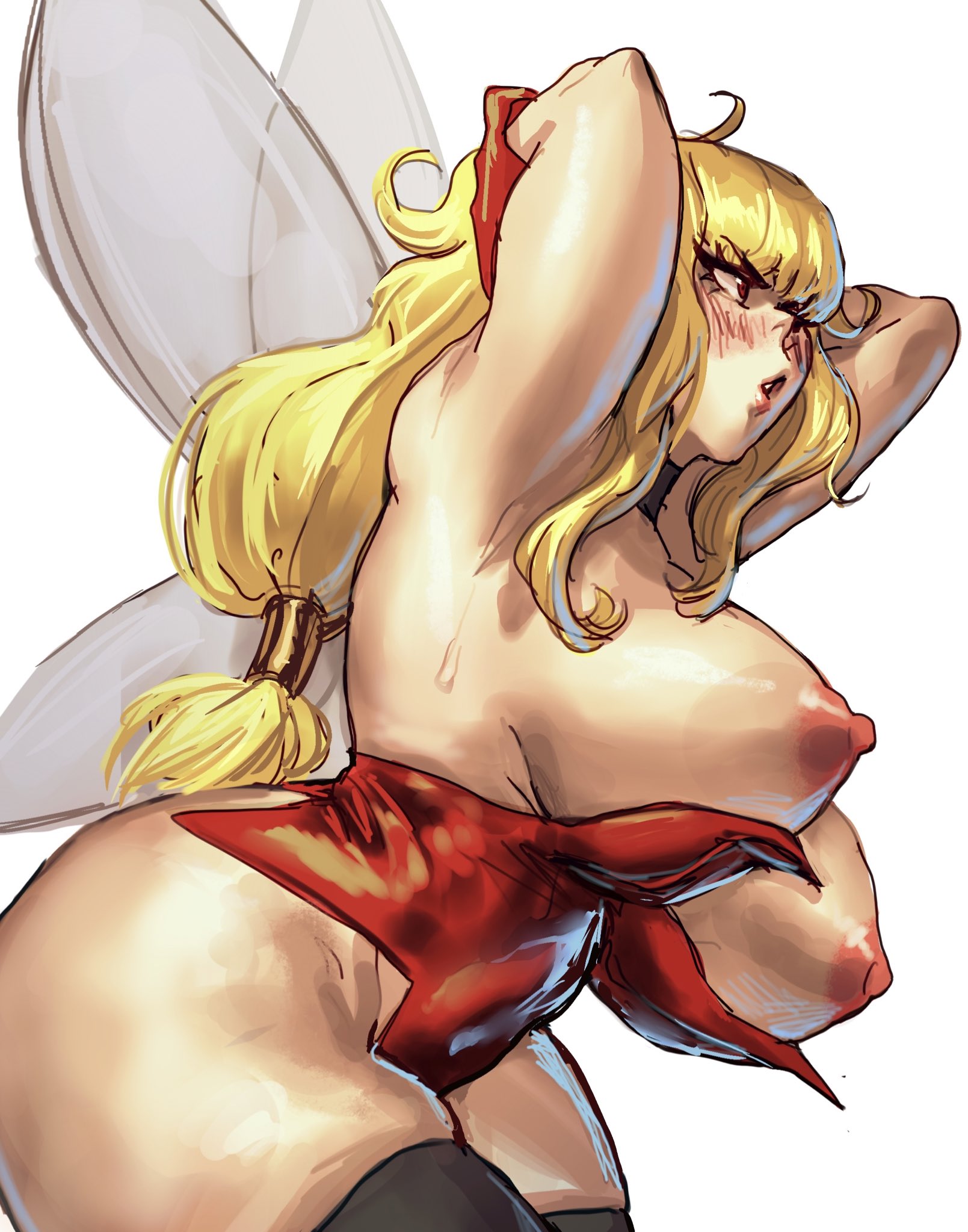 1girls, areolae, armpits, arms behind head, big breasts, blonde hair, blush, breasts, breasts out, dress, fairy, fairy wings, female, female only, hi res, long hair, looking away, nipples, oc, red eyes, solo, solo focus, thick thighs, thigh squish, thighhighs, tied hair, virgoart1509, white background