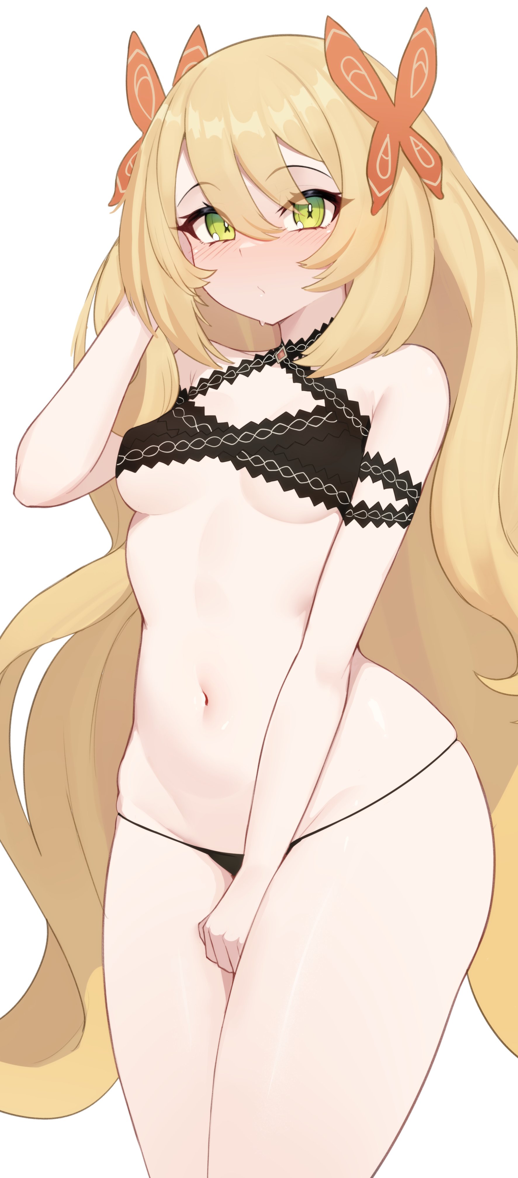 1girls, absurdres, bare legs, bare shoulders, black panties, blonde hair, blush, breasts, butterfly hair ornament, celine (fire emblem), covering, covering crotch, expressionless, female, female only, fire emblem, fire emblem engage, green eyes, hair ornament, highres, light skin, light-skinned female, long hair, looking at viewer, moursho, navel, nintendo, panties, small breasts, solo, string panties, thick thighs, thighs, thong, underwear, very long hair, wide hips