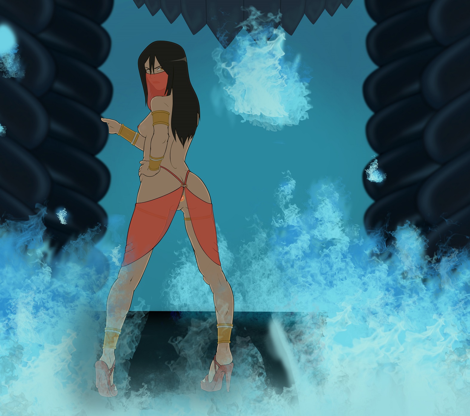 anal plug, anaxus, angry, angry face, arm at side, ass, avatar the last airbender, azula, back view, backboob, breasts, buttplug, face mask, female, functionally nude, heels, high heels, legs apart, looking back, naked footwear, pussy, rear view, revealing clothes, solo, solo female, standing