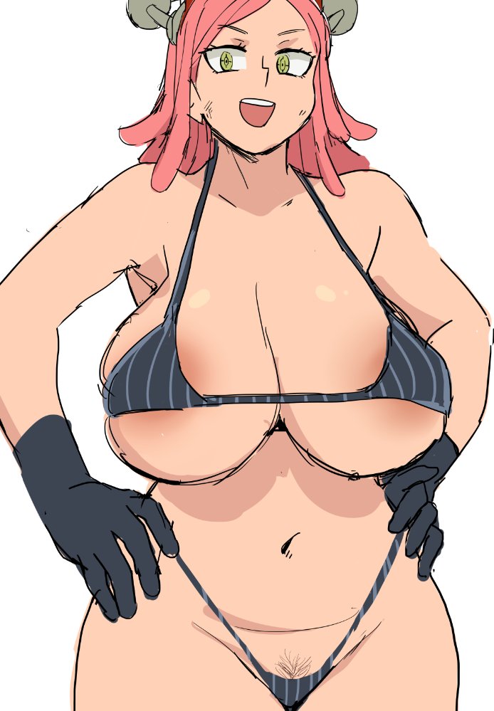 1girls, areola slip, big breasts, bikini, breasts, female, female only, gloves, hands on hips, mei hatsume, minakami, my hero academia, partially clothed, pink hair, pink-haired female, pubic hair, smile, wide hips, yellow eyes
