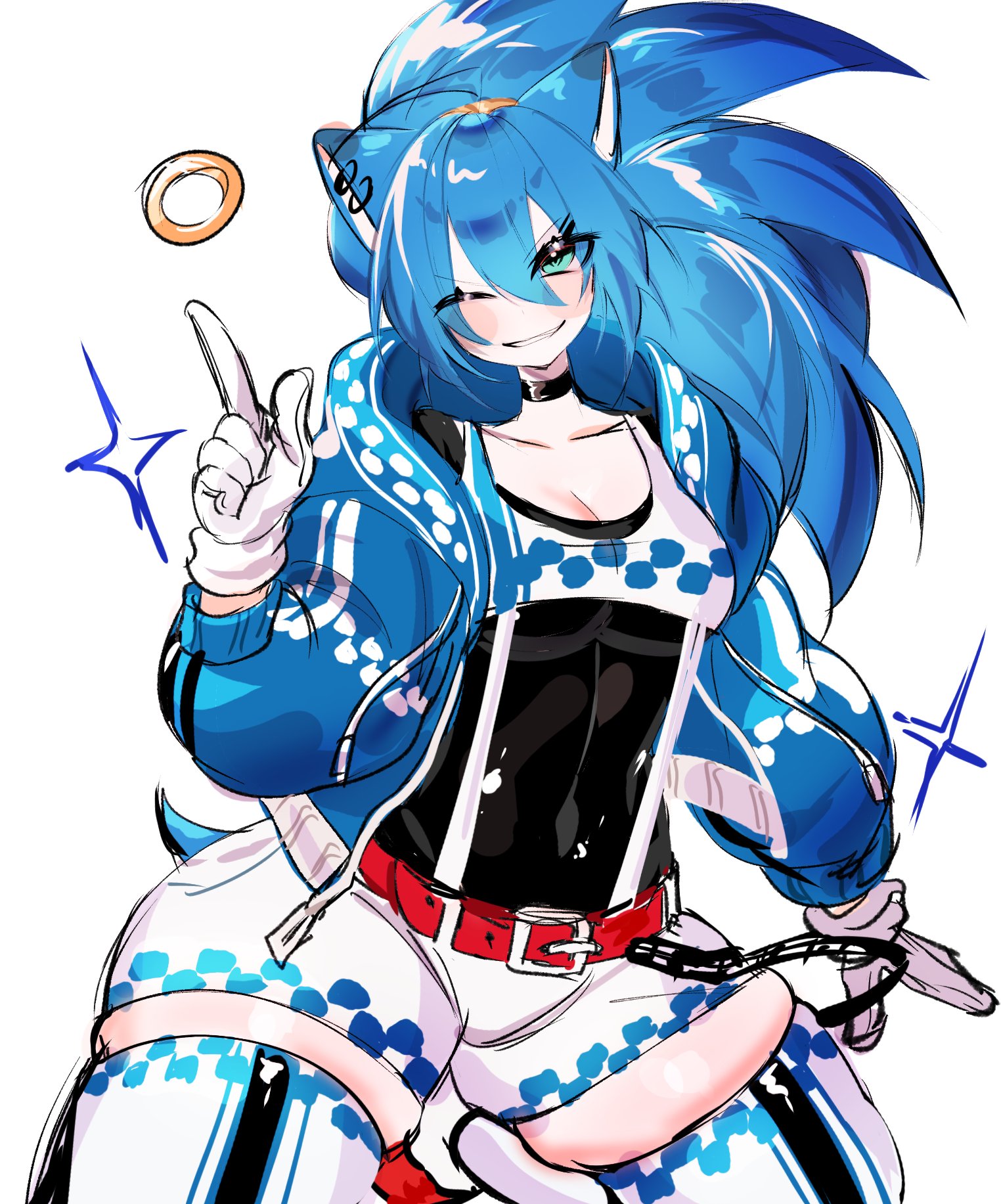 animal ears, animal tail, blue hair, breasts, clothes, ear piercing, female, genderswap, genderswap (mtf), gloves, green eyes, humanized, one eye closed, ring, rule 63, sega, sfw, smirk, smirking, sonic (series), sonic the hedgehog, sonic the hedgehog (series), thick thighs, thighhighs, thighs, usa37107692, wink
