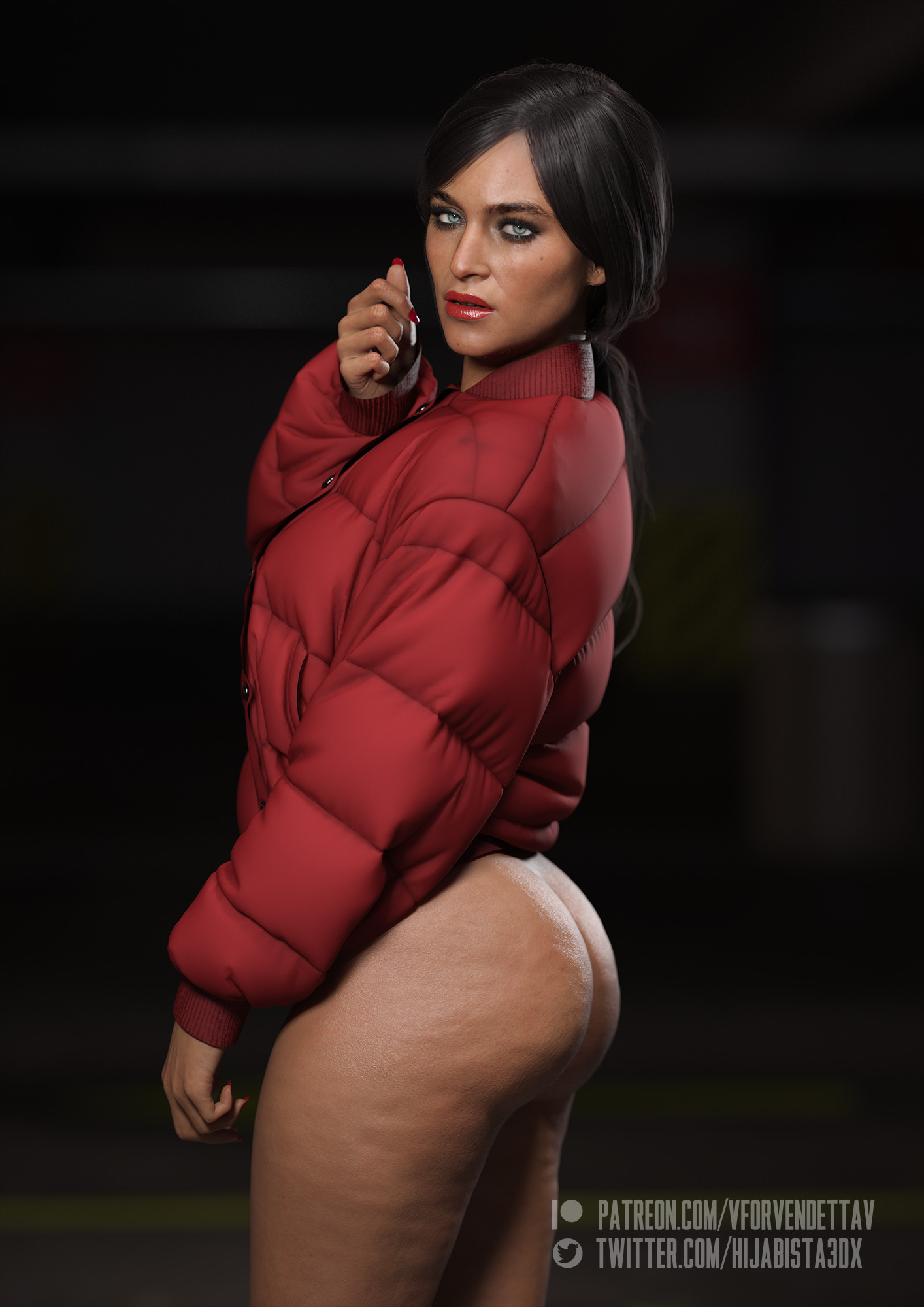 1girls, 3d, 3dx, ass, back turned, back view, biracial, blender, blue eyes, brown hair, cellulite, chloe frazer, dark brown hair, dark hair, daz studio, eyelashes, eyeshadow, fat ass, female, high resolution, highres, indian, indian female, lips parted, lipstick, long fingernails, looking at viewer, looking pleasured, milf, nail polish, pinup, ponytail, portrait, red jacket, solo, tan skin, tan-skinned female, tanned, tanned skin, thick thighs, thighs, tied hair, uncharted, uncharted the lost legacy, vforvendettav