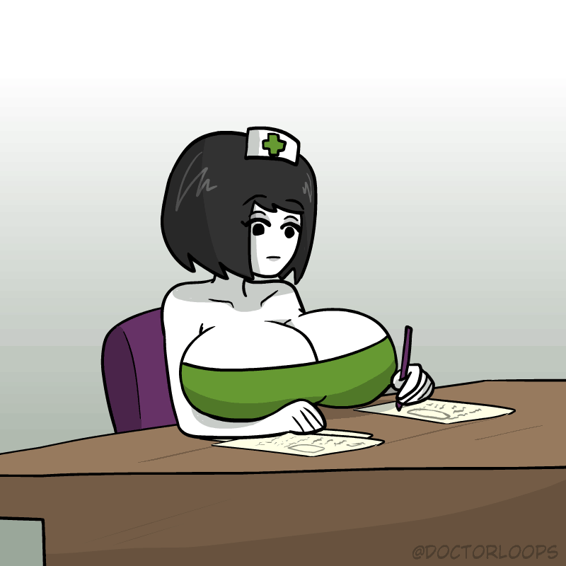 alternate version available, animated, breasts, doctorloops, female, flashing, flashing breasts, gif, grey nipples, mob face, nipples, nurse, revealing breasts, uncensored, veronica (doctorloops), veronica and mona, white skin