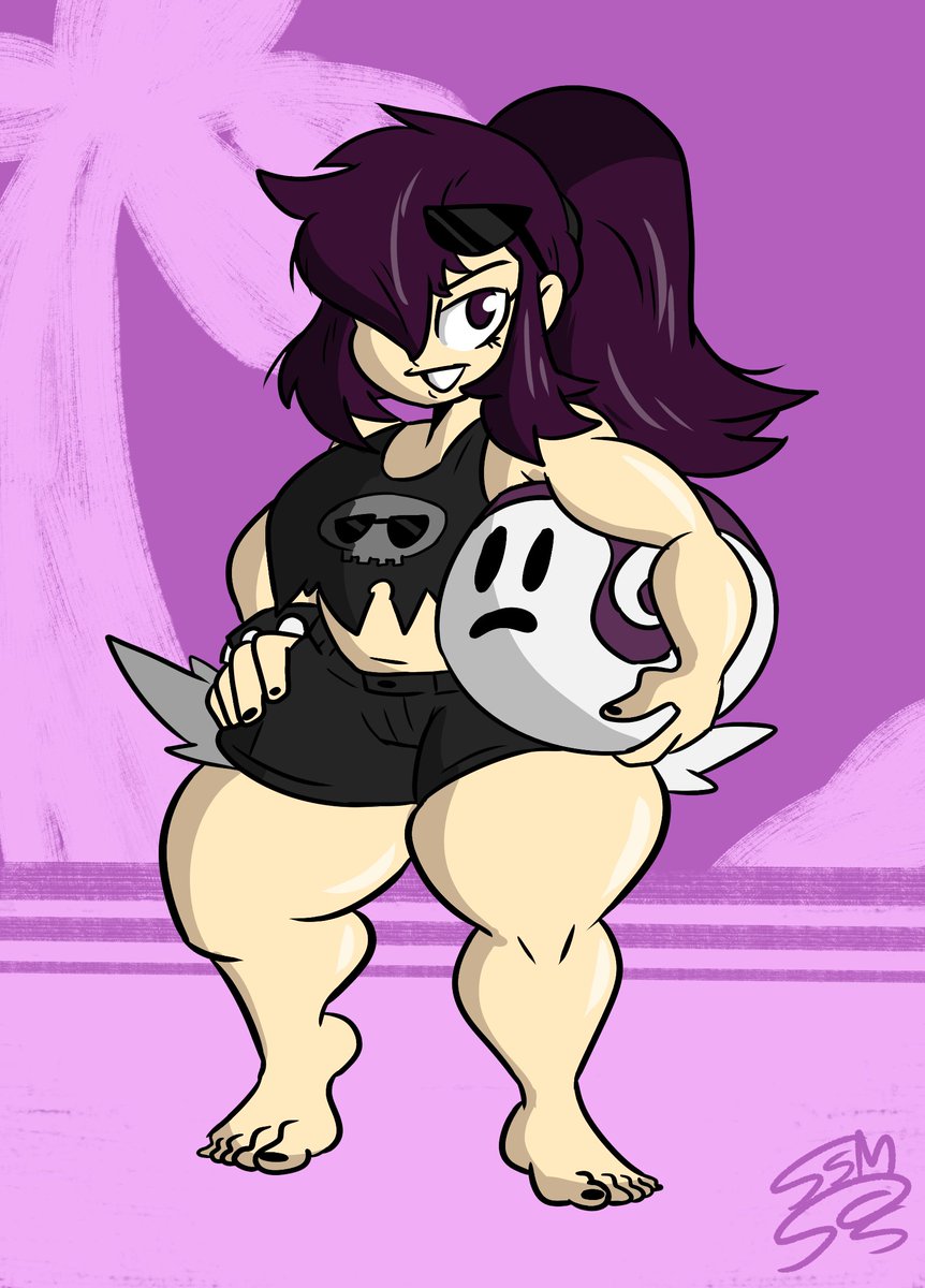 1girls ball beach big_ass big_butt bubble_butt feet goth goth_girl iris_zhang_(supahstudiomann) looking_at_viewer one_eye_covered original original_character punk punk_girl purple_eyes purple_hair smile smiling smiling_at_viewer solarmannstudio solo supahstudiomann_(artist) thick_hips thick_thighs thunder_thighs wide_hips