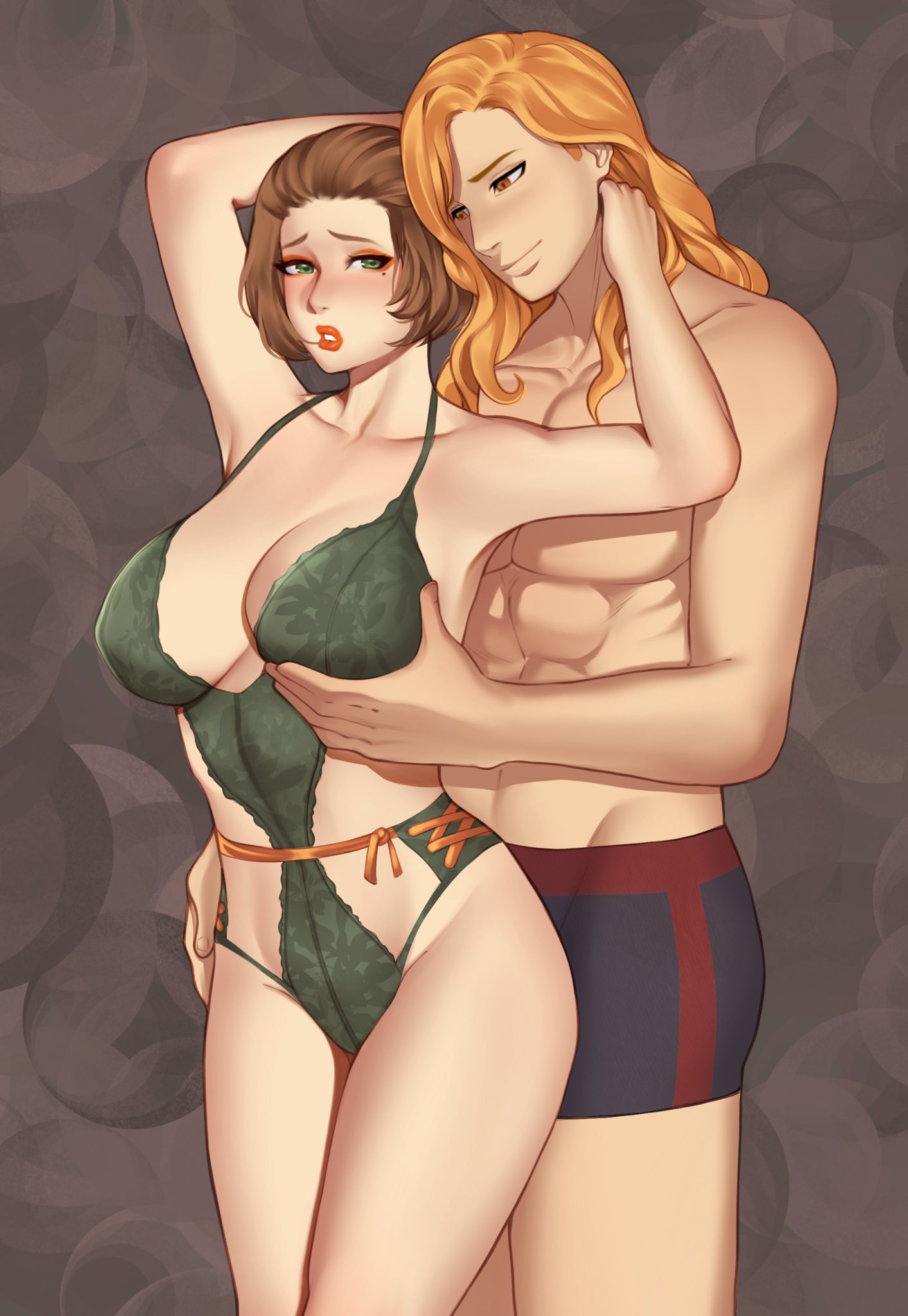 1boy 1girls abs age_difference behind_another big_breasts brown_hair ferdinand_von_aegir fire_emblem fire_emblem:_three_houses grabbing_from_behind lingerie long_hair looking_at_another makeup manuela_casagranda mole nintendo older_female pizzayola post-timeskip red_hair romantic short_hair standing underwear younger_male