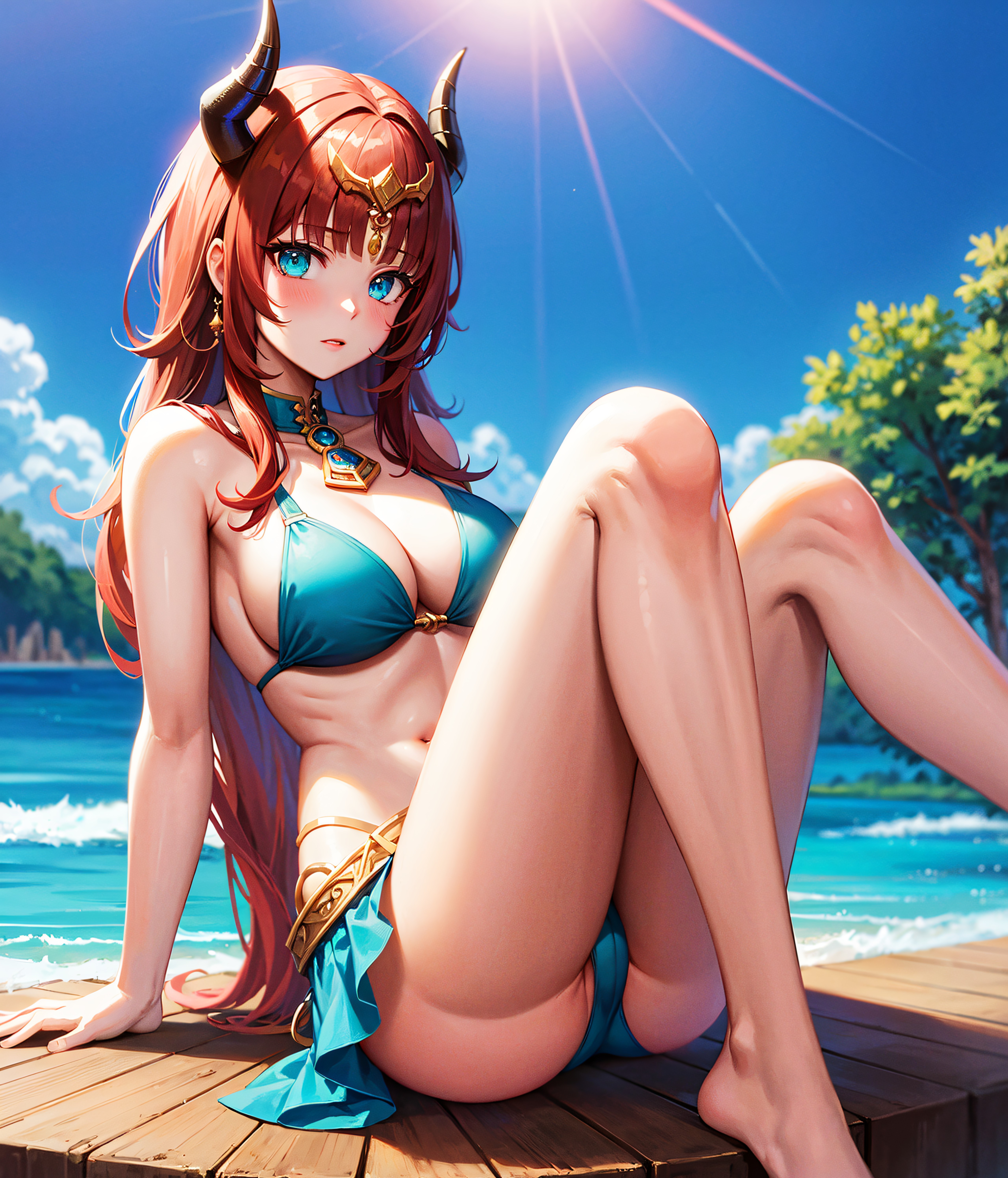 1girls, ai generated, bikini, curvy body, curvy female, curvy figure, female, female focus, female only, genshin impact, high resolution, highres, horns, long hair, mihoyo, nilou (genshin impact), red hair, skirt, stable diffusion, voluptuous, voluptuous female