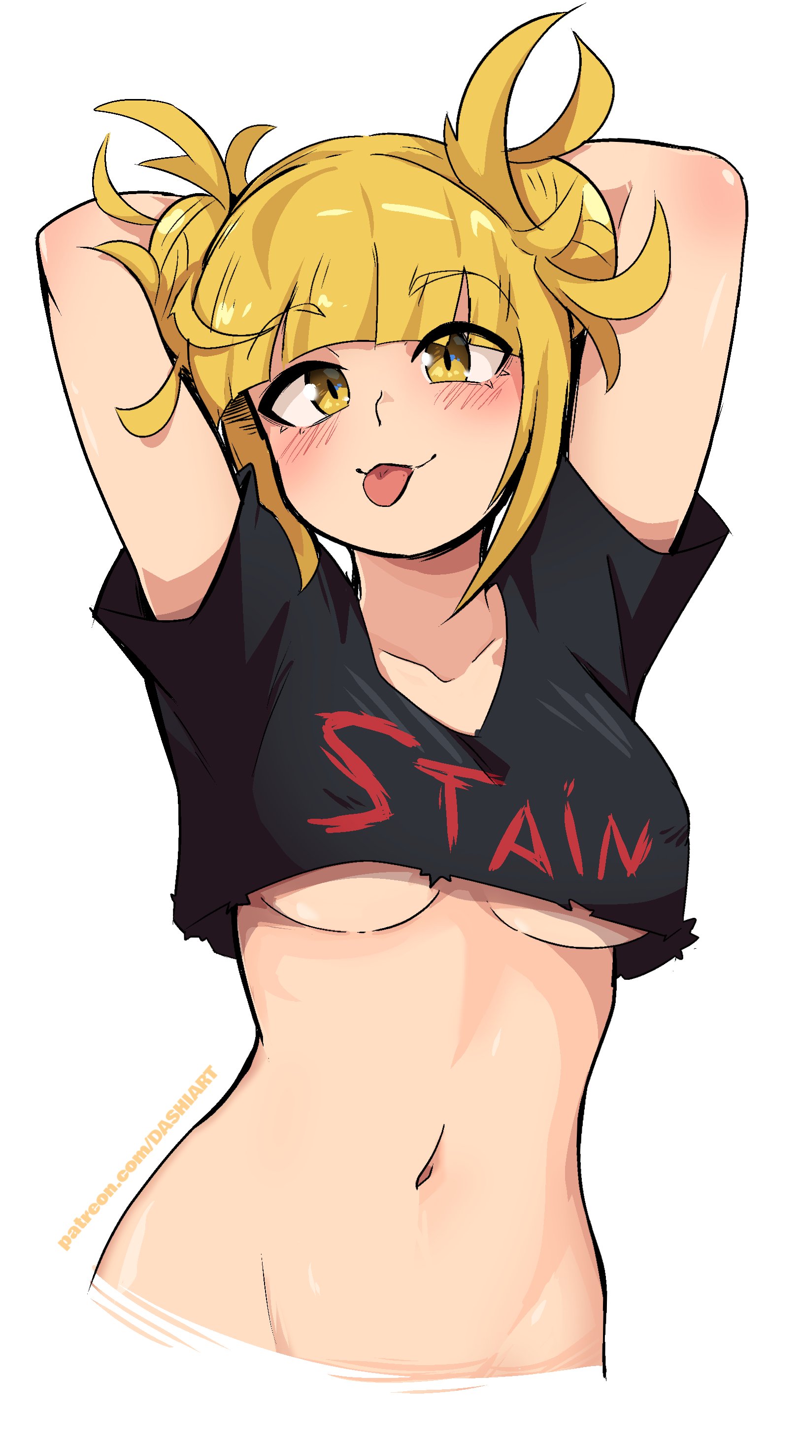 1girls, arms behind head, arms up, bangs, blonde hair, blonde-haired female, blush, breasts, clavicle, collarbone, crop top, dashi art, double bun, female, groin, hair buns, himiko toga, looking at viewer, my hero academia, navel, shounen jump, smiling, solo, sticking out tongue, stomach, tagme, tongue, tongue out, underboob, upper body, white background, yellow eyes
