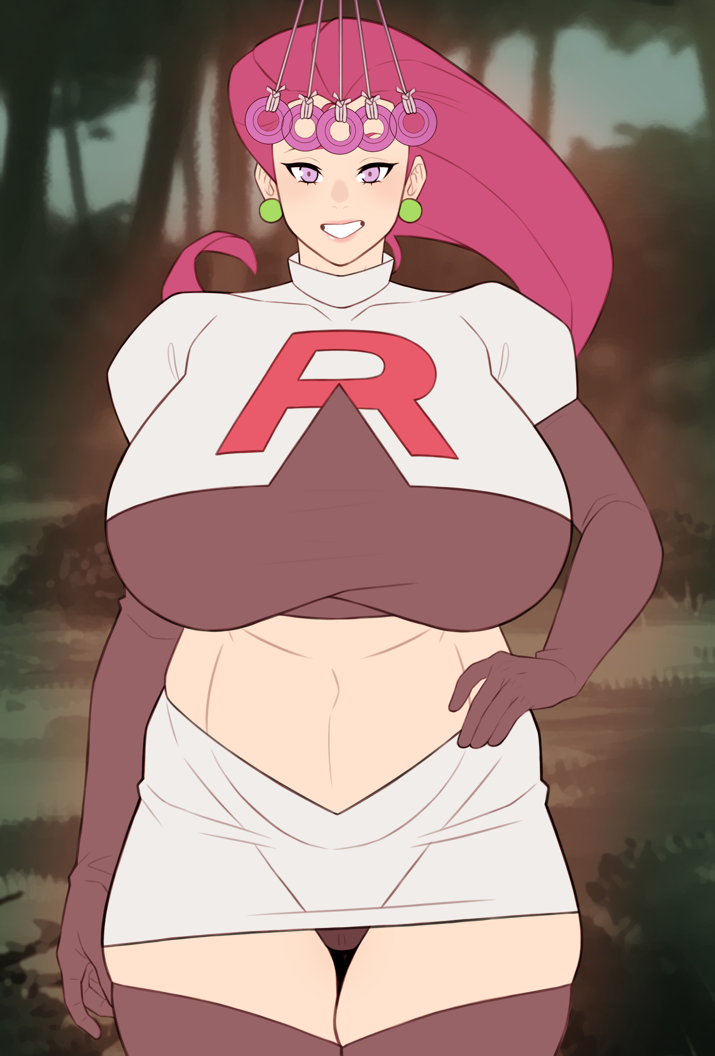 1girls, alternate version available, big breasts, black panties, bottomwear, breasts, ear piercing, earrings, female, female only, hair, hand on hip, huge breasts, hypnosis, jessie (pokemon), lips, long hair, mandaring, mature, mature female, mind control, panties, pencil skirt, pink eyes, pink hair, pokemon, pokemon (anime), skirt, smile, solo, solo female, topwear, white skirt